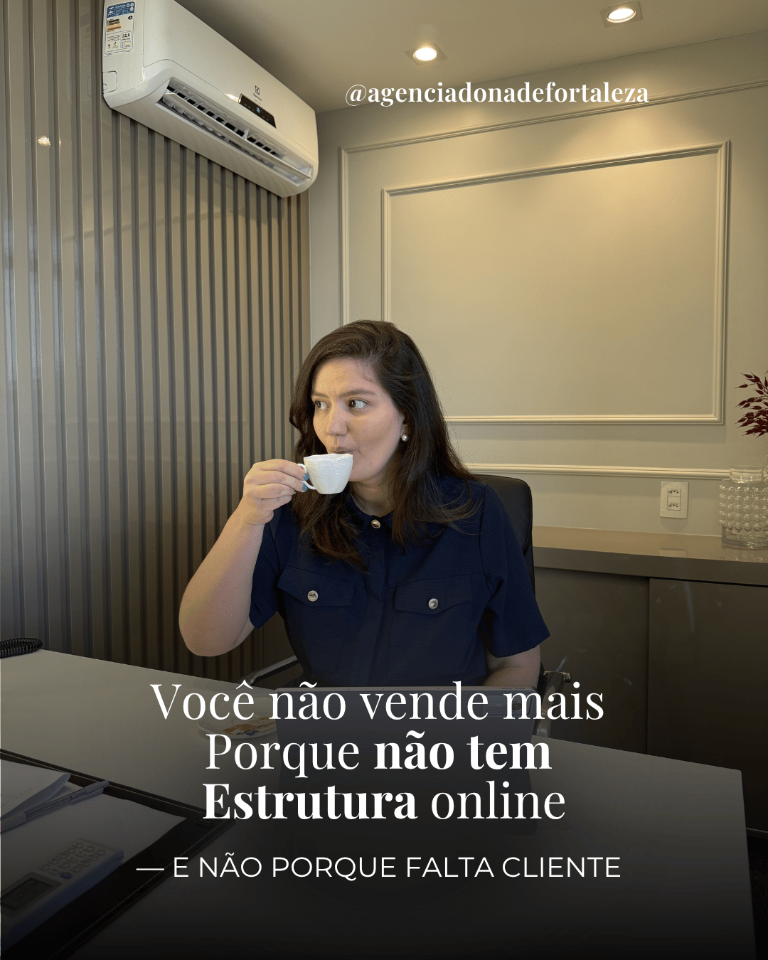 A business woman drinking coffee at her desk in a modern office with professional online marketing text.