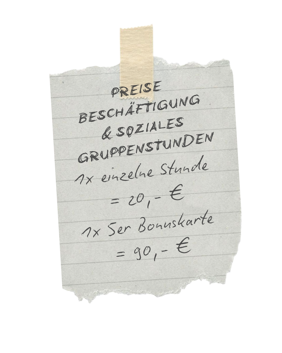Price list for puppy and young dog training groups on a taped note with handwritten costs.