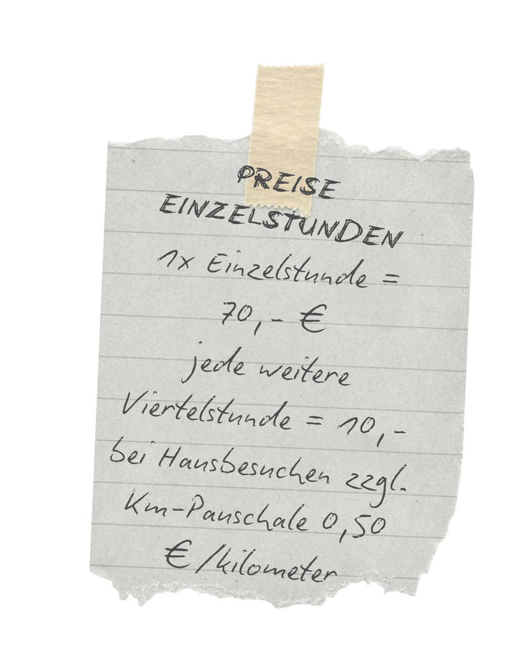 Handwritten price list for individual lessons in German showing 70 Euro per hour and travel fees.
