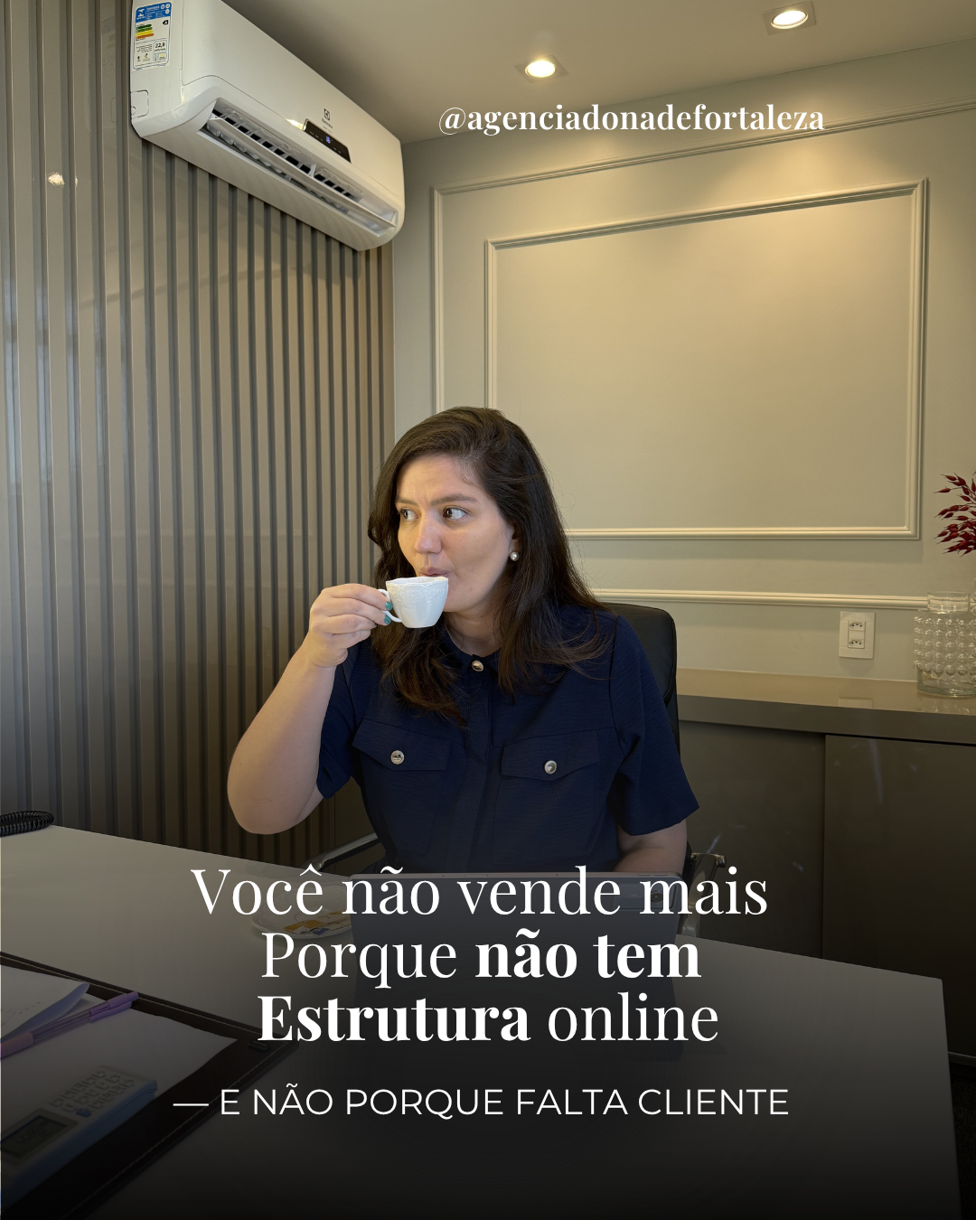 A business woman drinking coffee at her desk in a modern office with professional online marketing text.