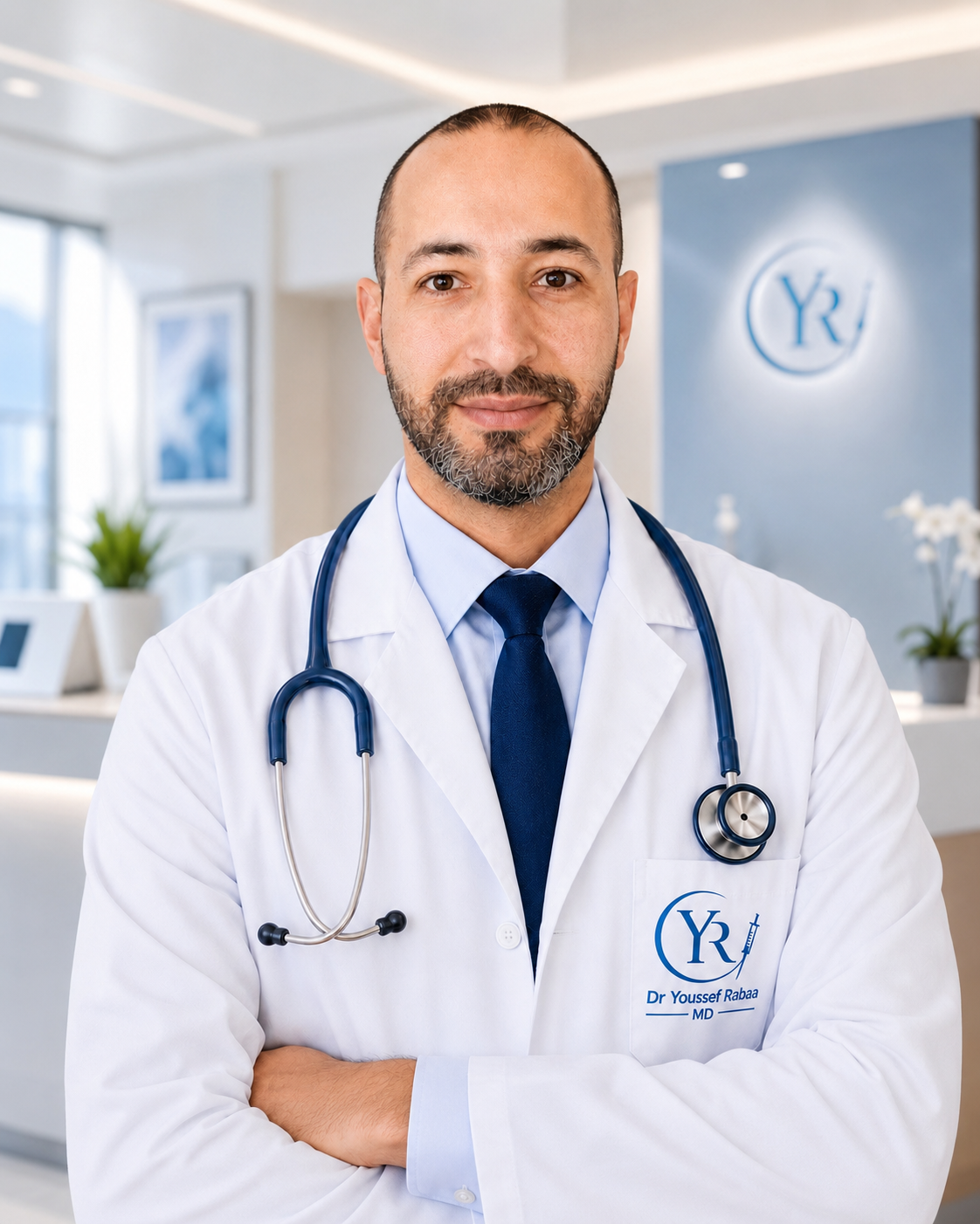 Portrait of Dr. Youssef Rabaa MD in a white lab coat with a stethoscope in a modern medical office.