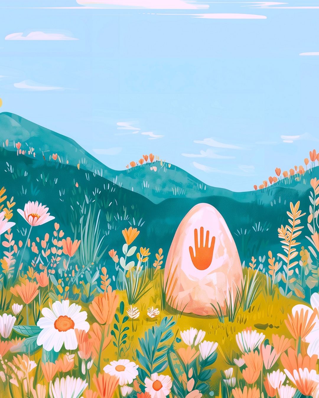 A whimsical illustration of a stone with a handprint symbol in a meadow of colorful spring flowers.