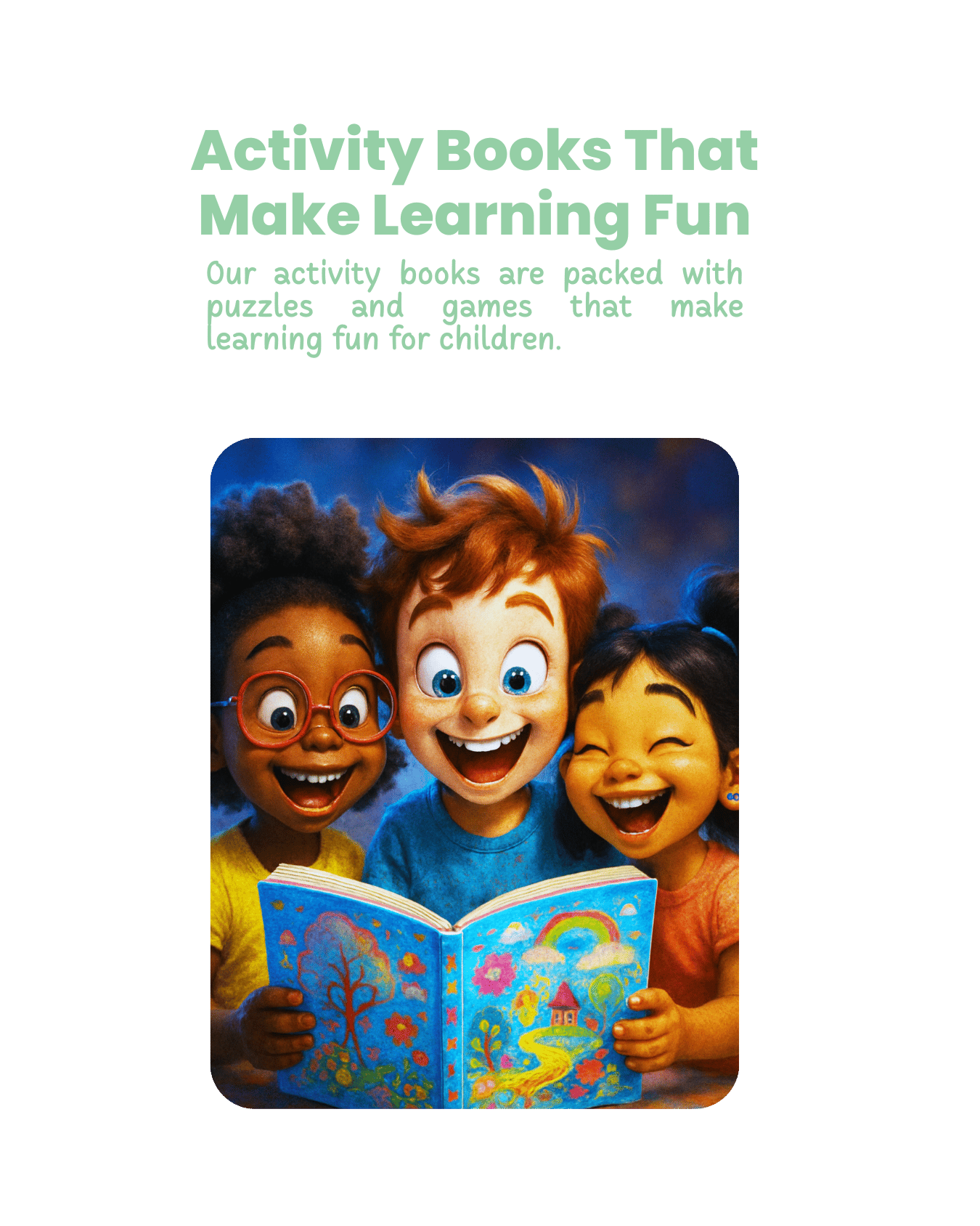 three children are fascinated by sharing and exploring a activity book together