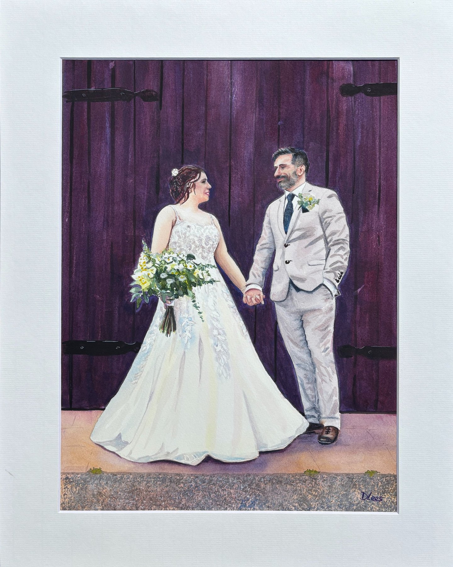 Watercolour of bridge and groom infront of barn doors