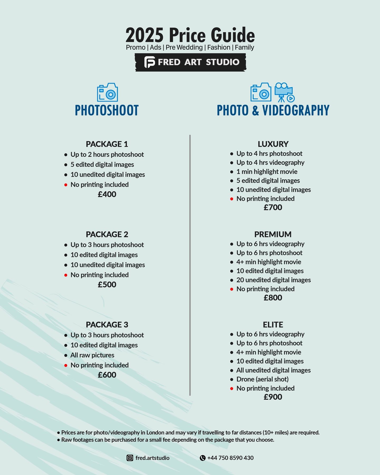 Fred Art Studio pricing charts for event and family photography and videography packages.