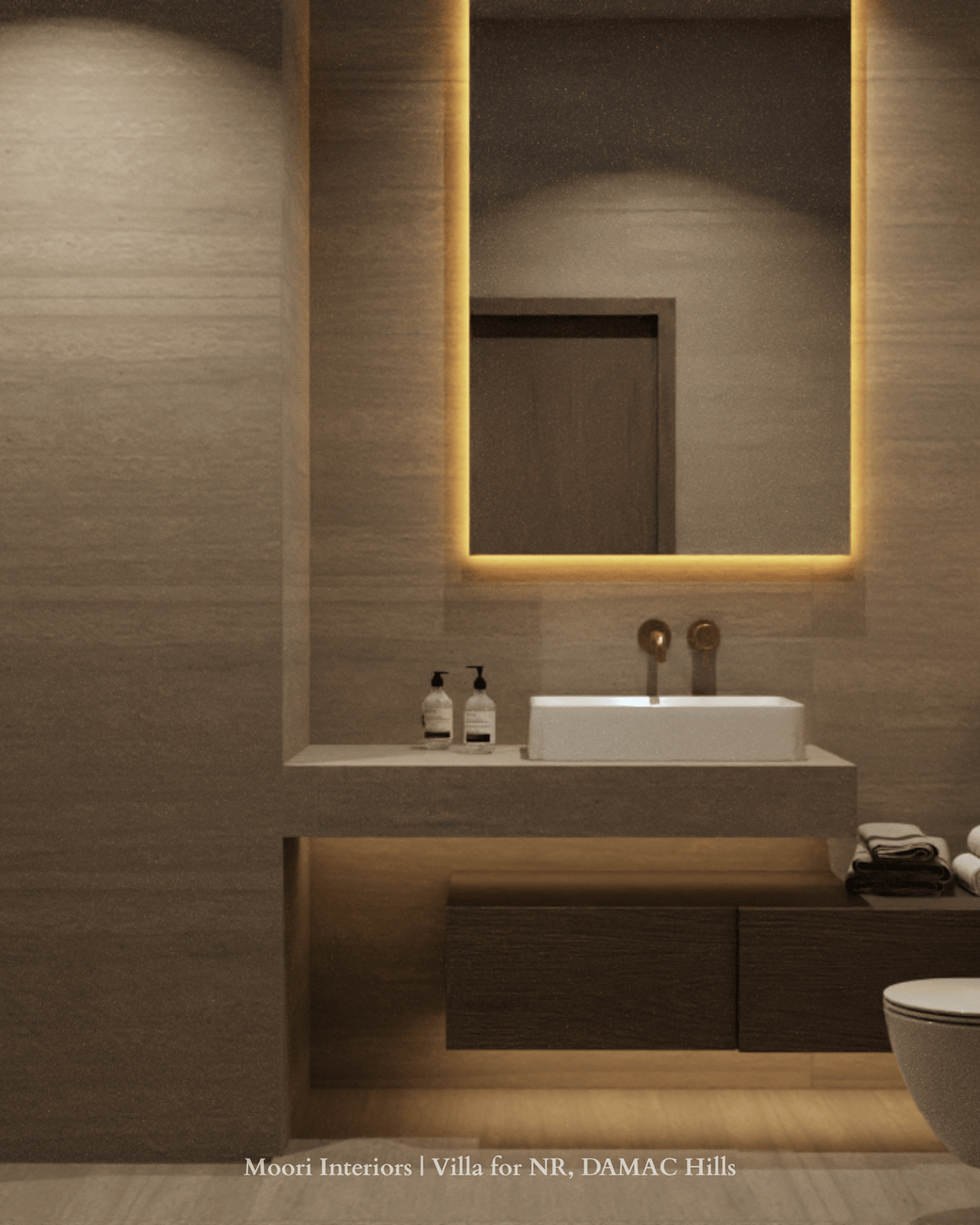 Bathroom mirror with integrated cove lighting, a white sink and dark wood vanity with underlighting