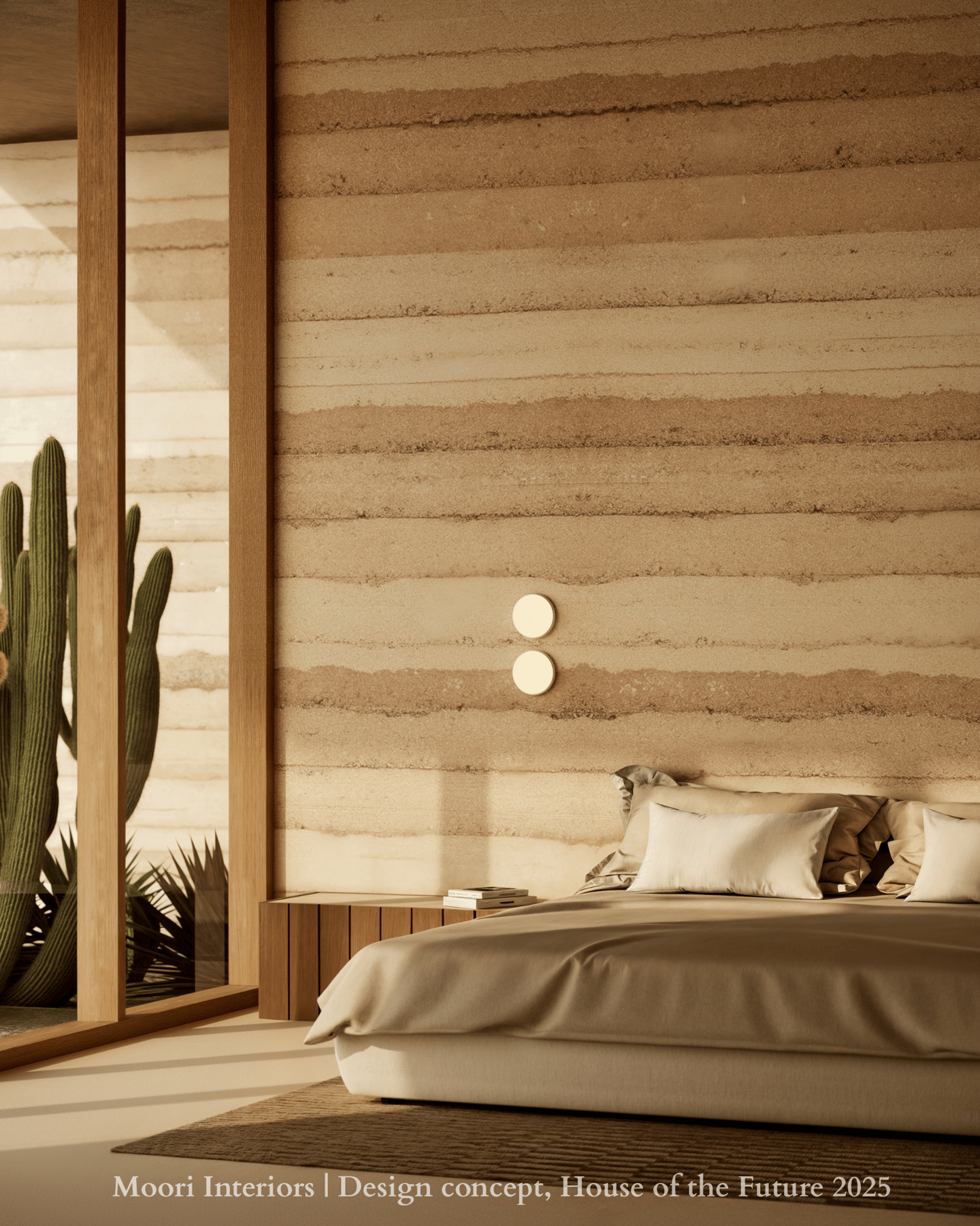 Modern bedroom with textured rammed earth wall and minimalist design