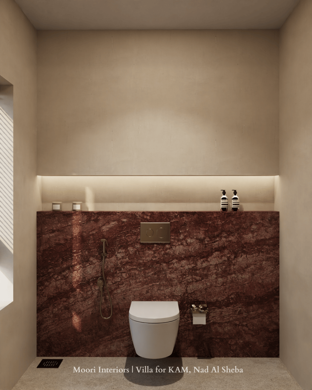 Modern bathroom featuring Emperador marble walls and a white toilet.