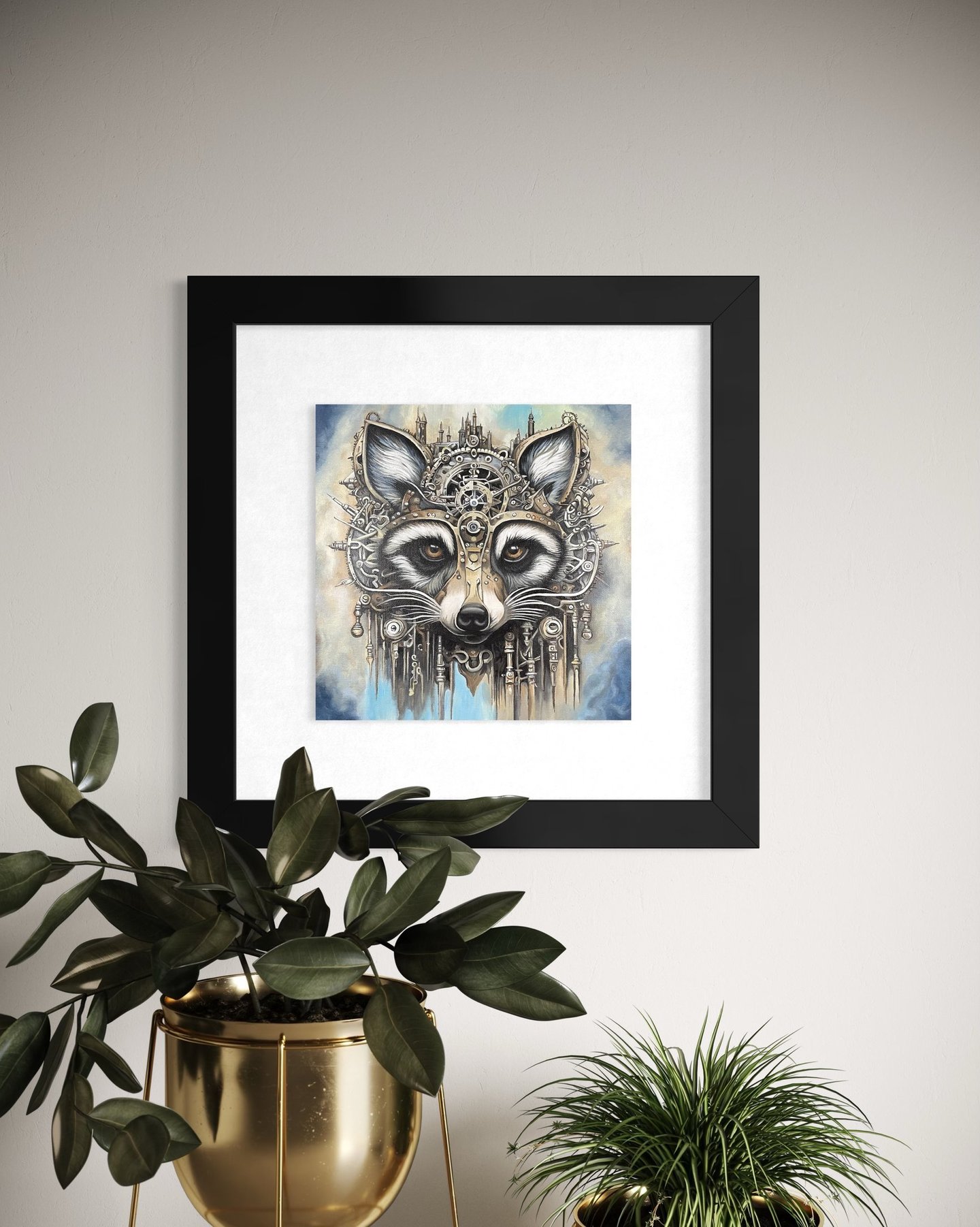 A Steampunk Raccoon print in a black frame