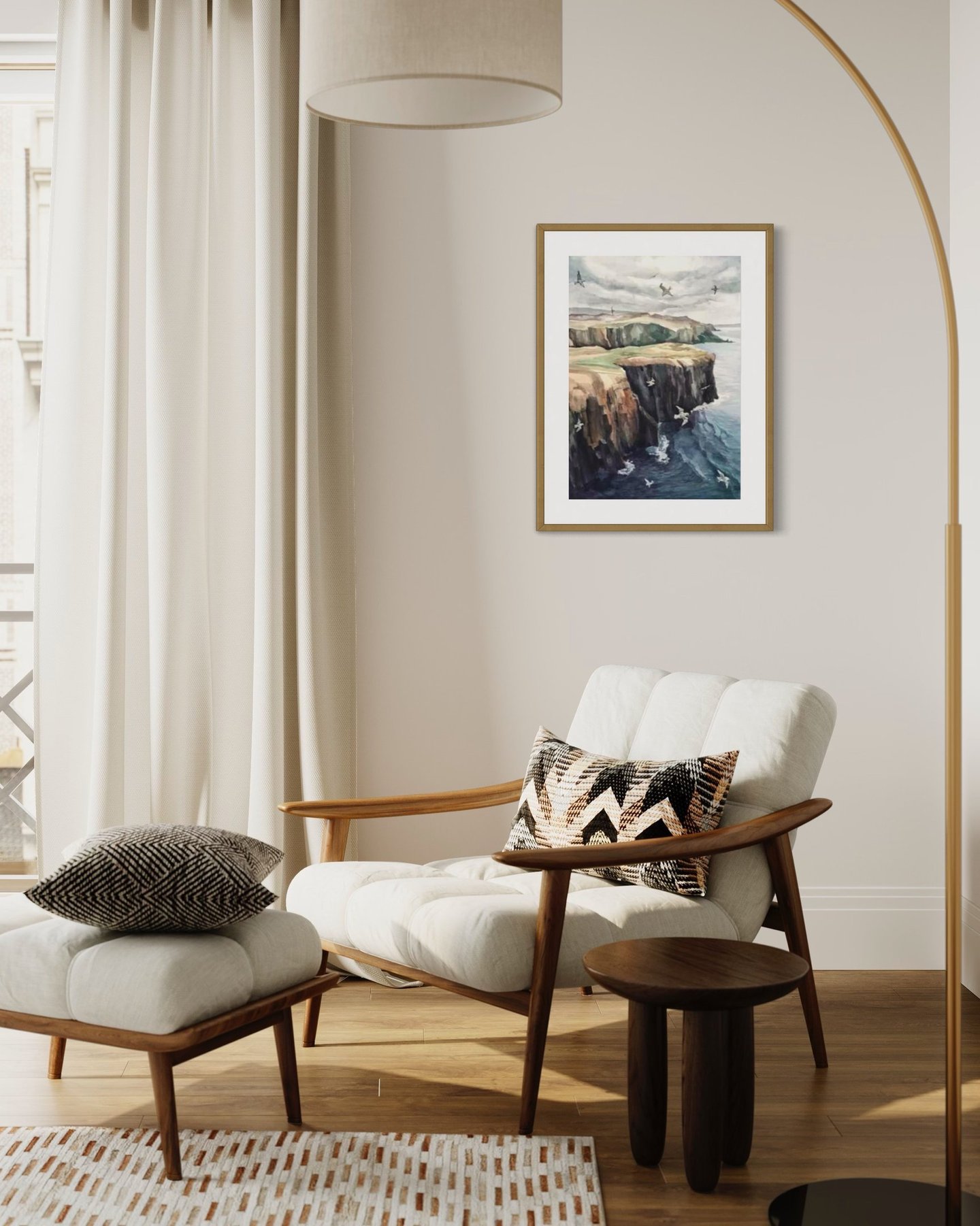 Original watercolor painting by Angela Moiseieva in a modern living room.