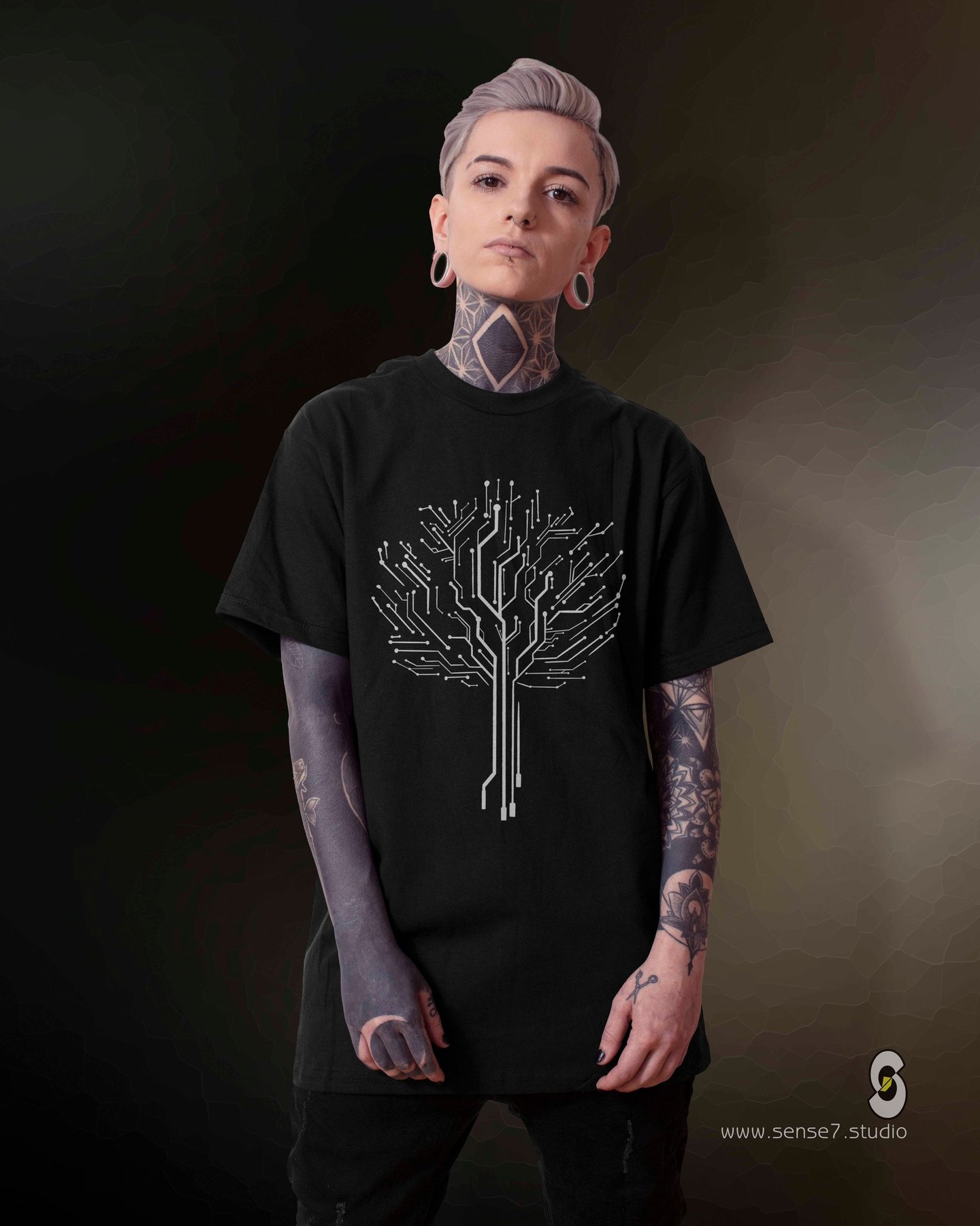 a woman with tattoos on her chest and neck