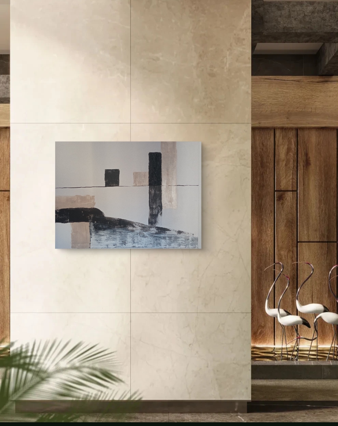 Modern abstract wall art featuring black and beige geometric shapes in a luxury minimalist interior.