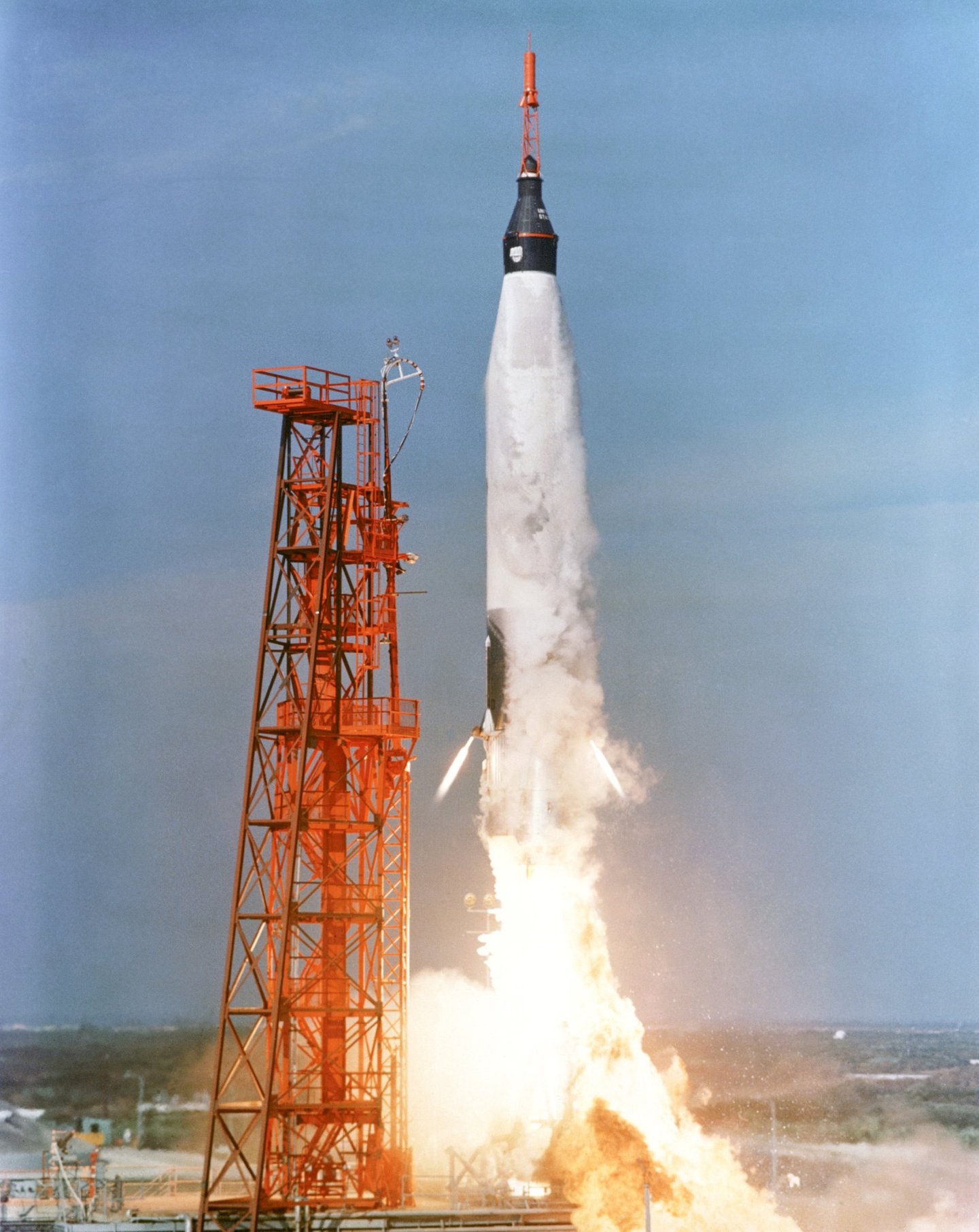 Atlas rocket launching with Enos the space chimpanzee aboard the Mercury-Atlas 5 mission