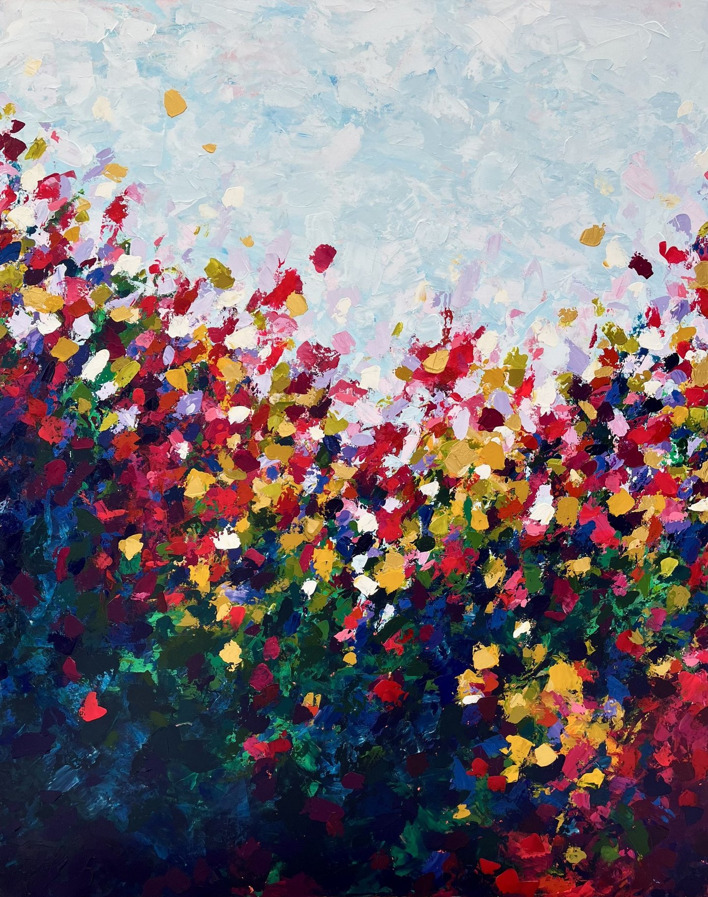Kate Young abstract painting, size 60x48, blue and multicolour, Guelph artist