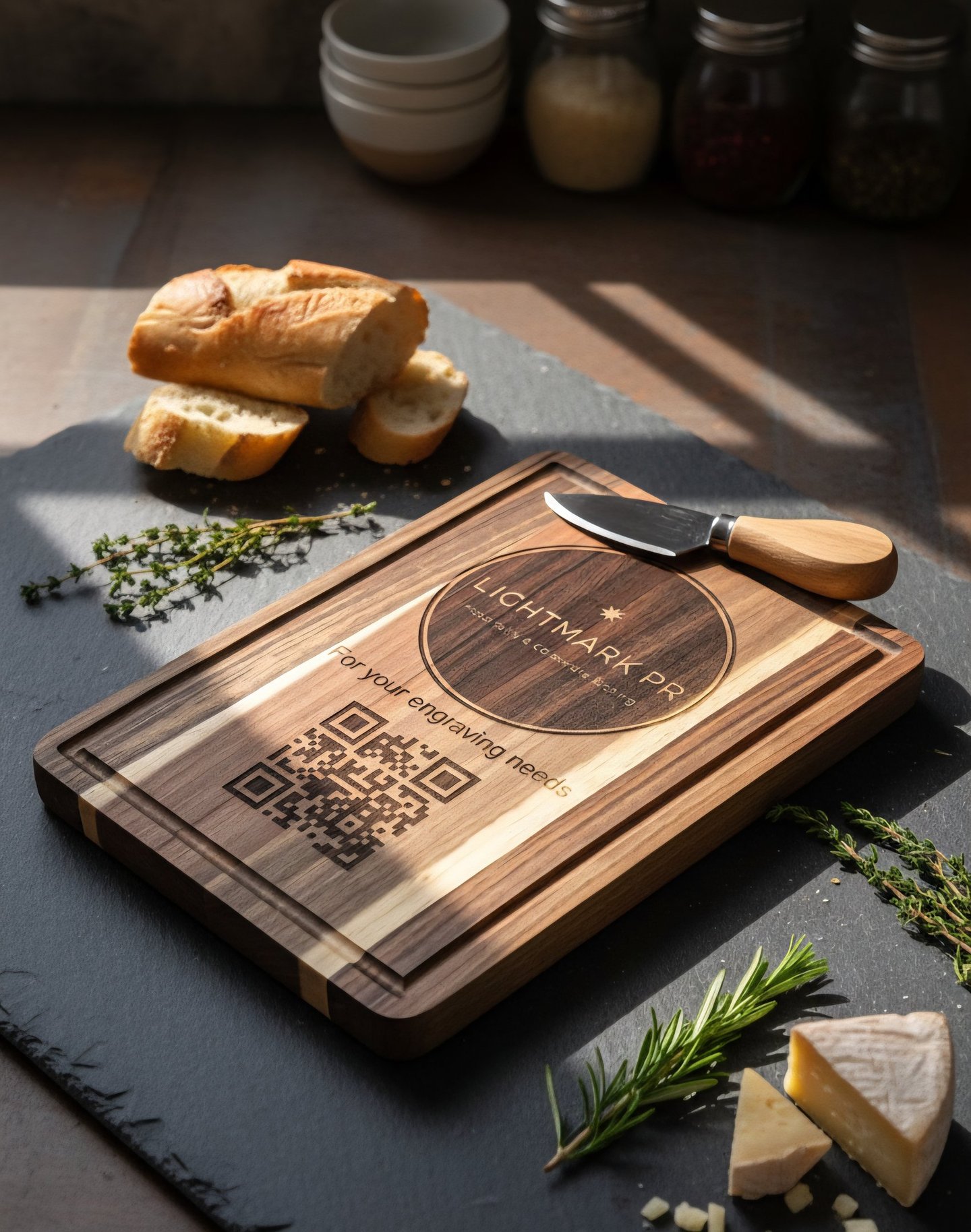 a cutting board with lightmarkpr logo