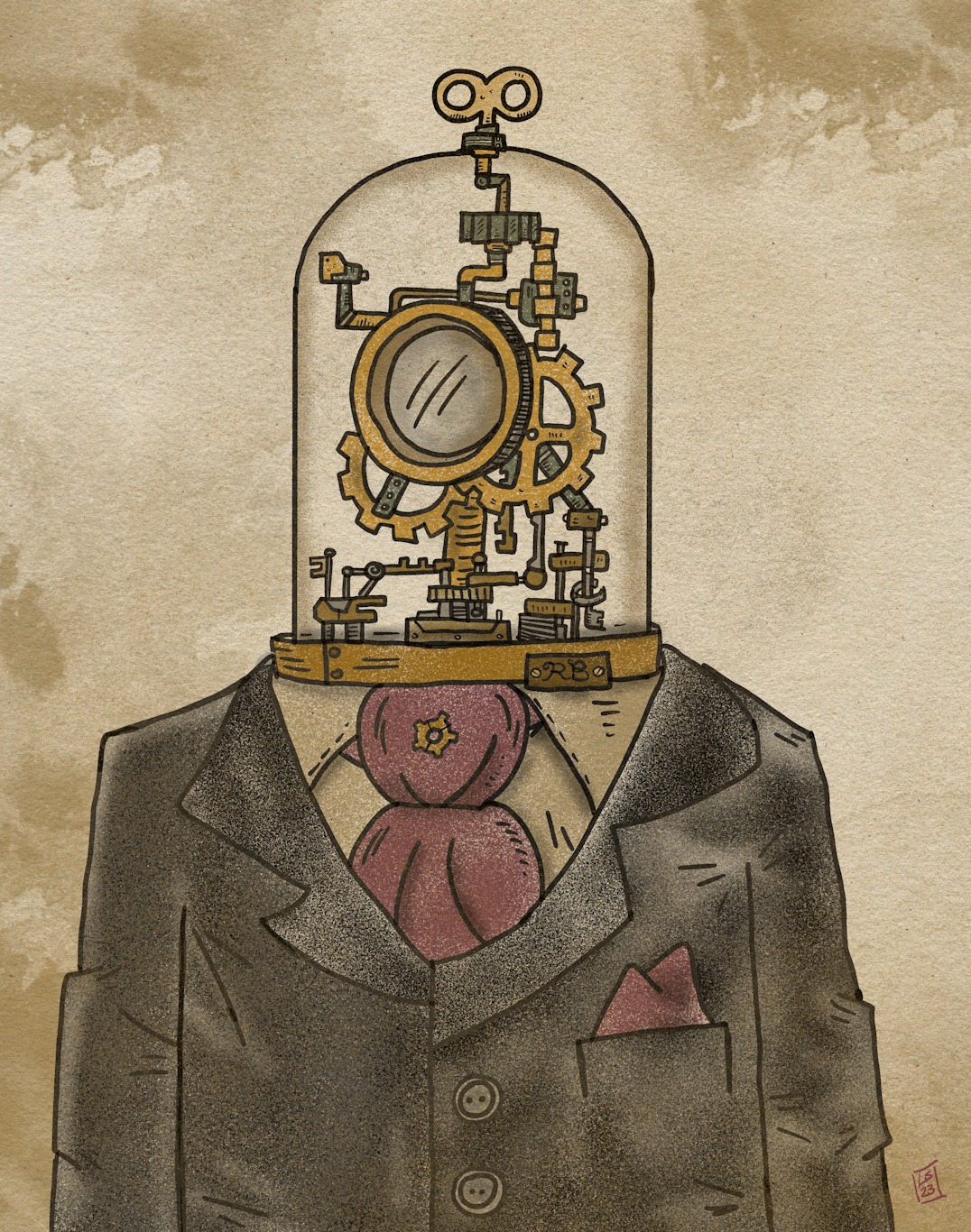 A clockwork robot with Victorian-era elements.