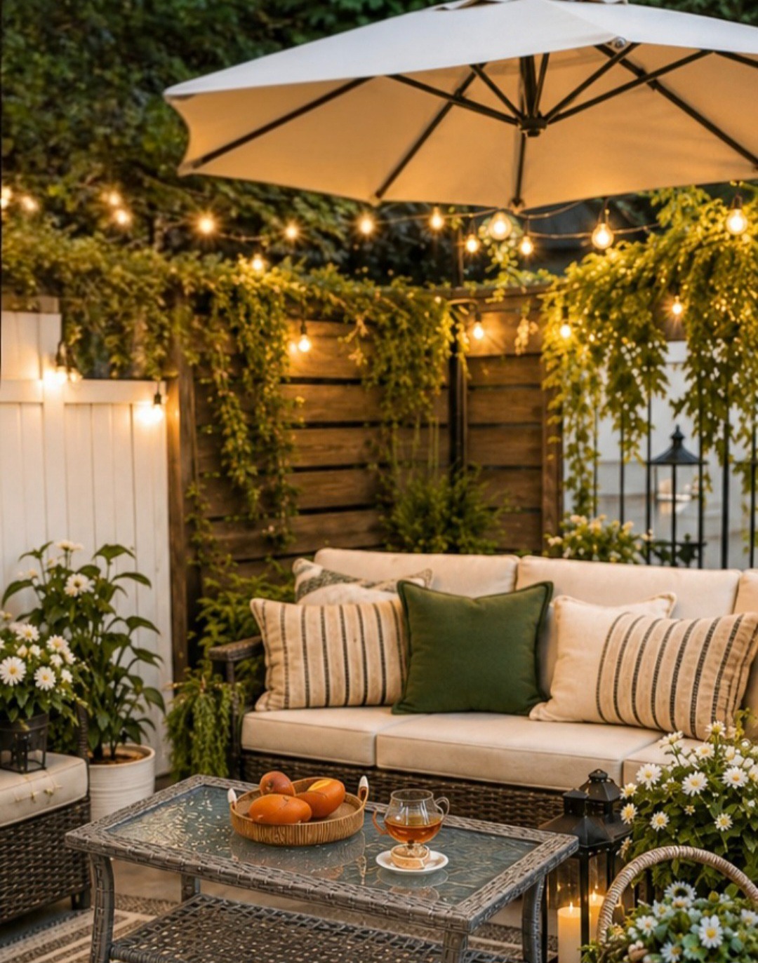 Cozy farmhouse patio setup at night with a light beige umbrella, string lighting, and wicker sofa wi