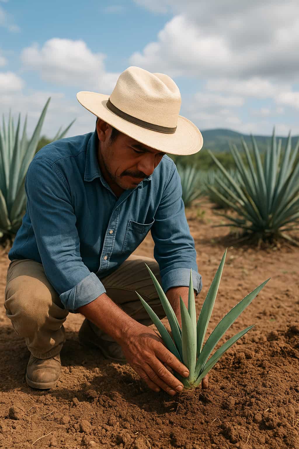 Maestro mezcalero replantando agave joven, representando sostenibilidad en la producción