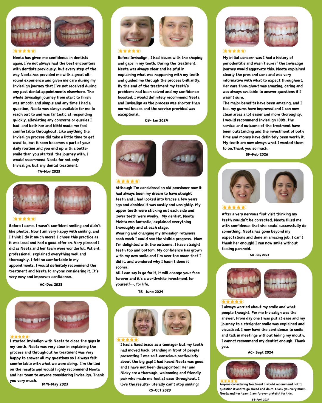 Collection of Invisalign before and after dental photos showing teeth straightening results with patient testimonials.