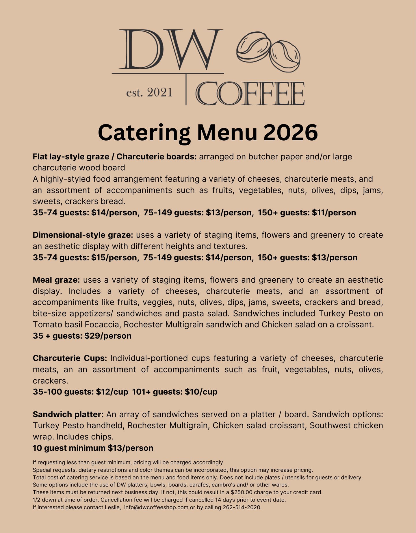 DW Coffee Shop Catering Menu