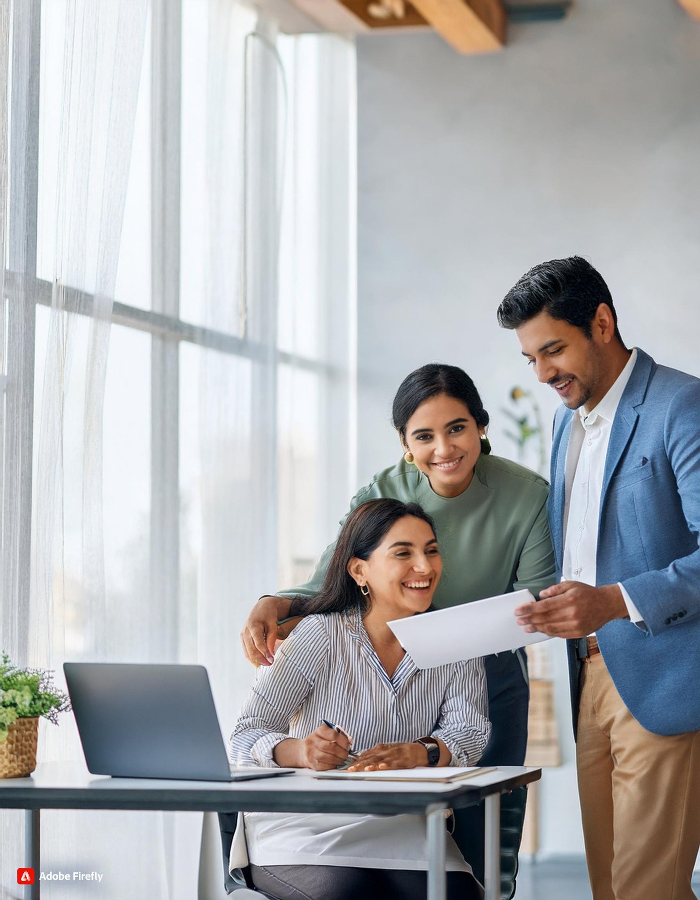 a man and woman looking at a document while standing in front of a laptop