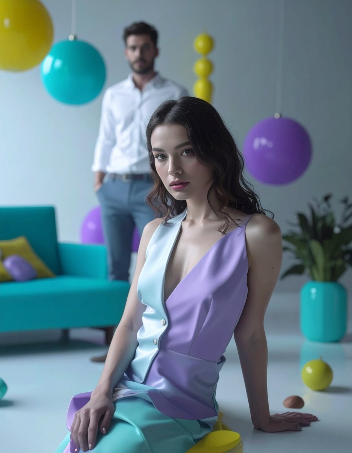 a woman in a dress sitting on a stool