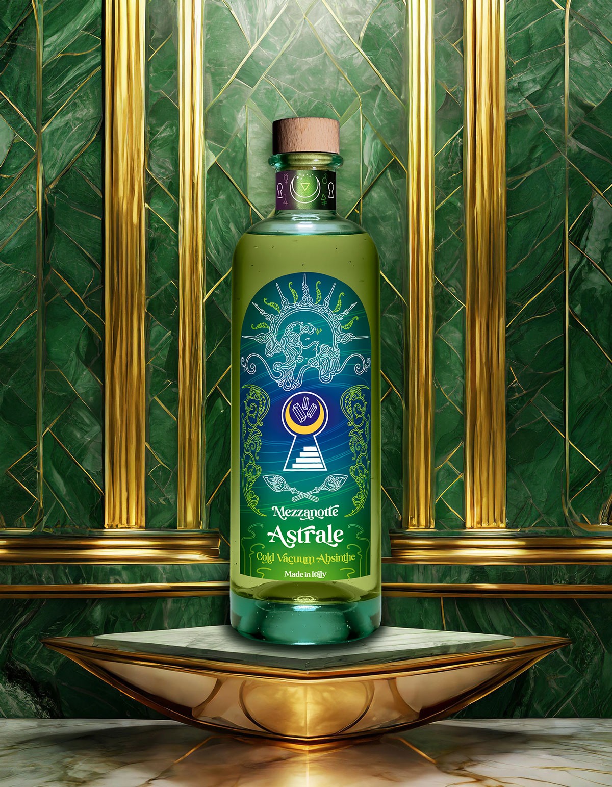 una bottiglia di assenzio Astrale su un elegante podio di marmo verde su sfondo di marmo verde e oro