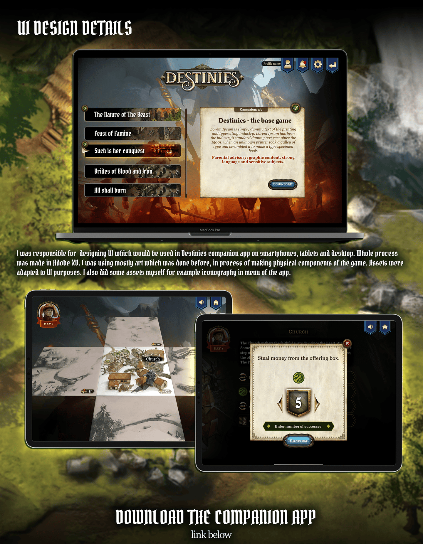 Details of UI Desing for the mobile and desktop app for Destinies