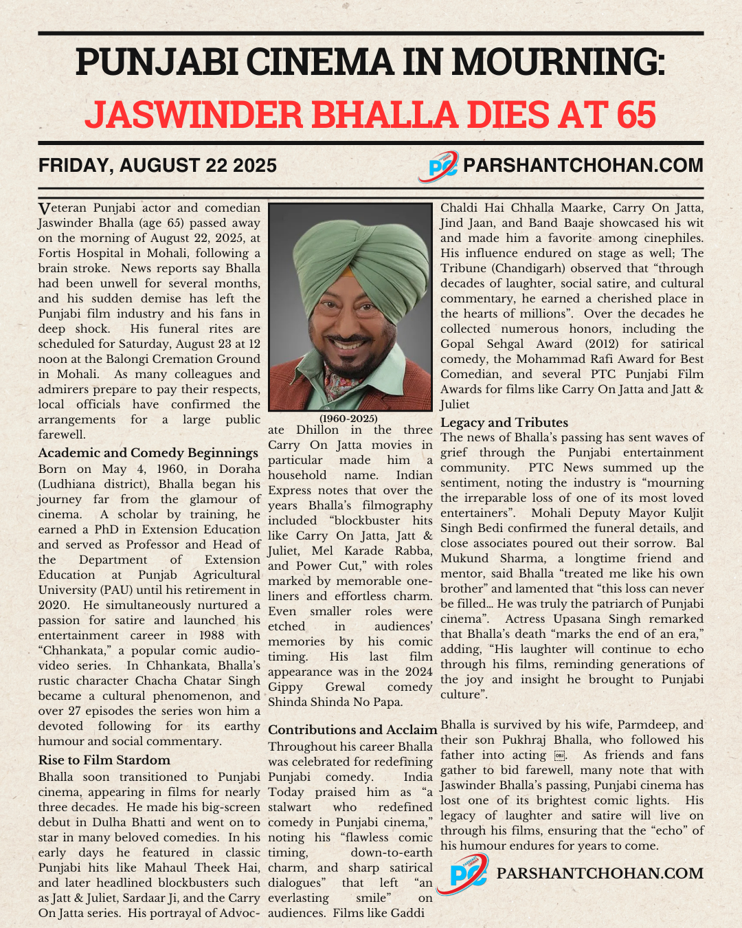 Punjabi Cinema in Mourning: Jaswinder Bhalla Dies at 65Punjabi Cinema in Mourning: Jaswinder Bhalla 
