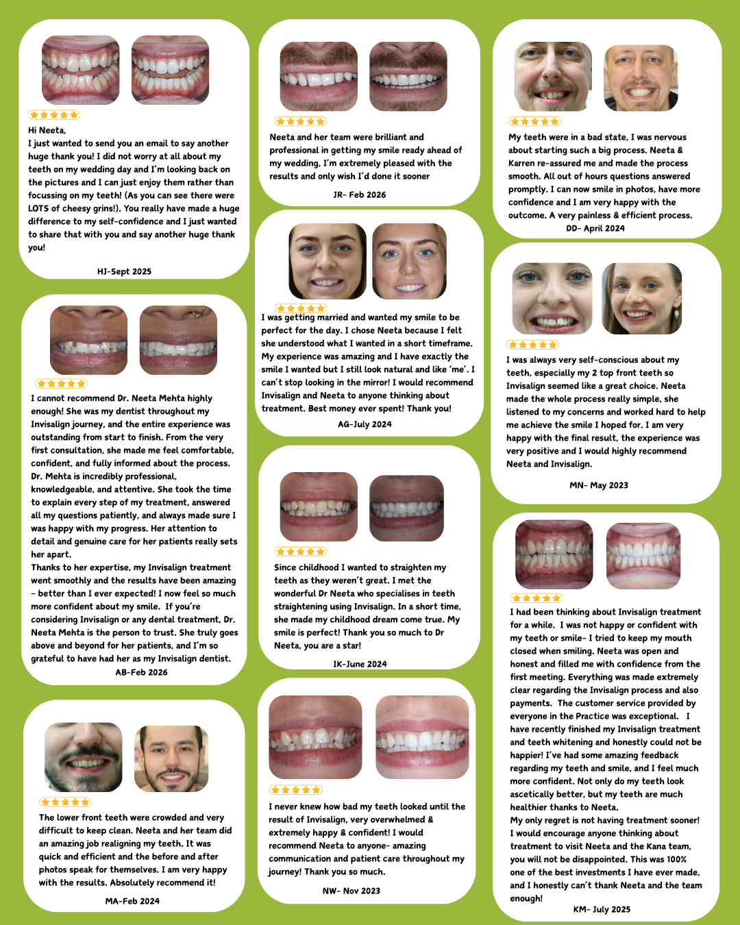 Customer reviews and before and after photos showing Invisalign teeth straightening results by Dr. Neeta Mehta.