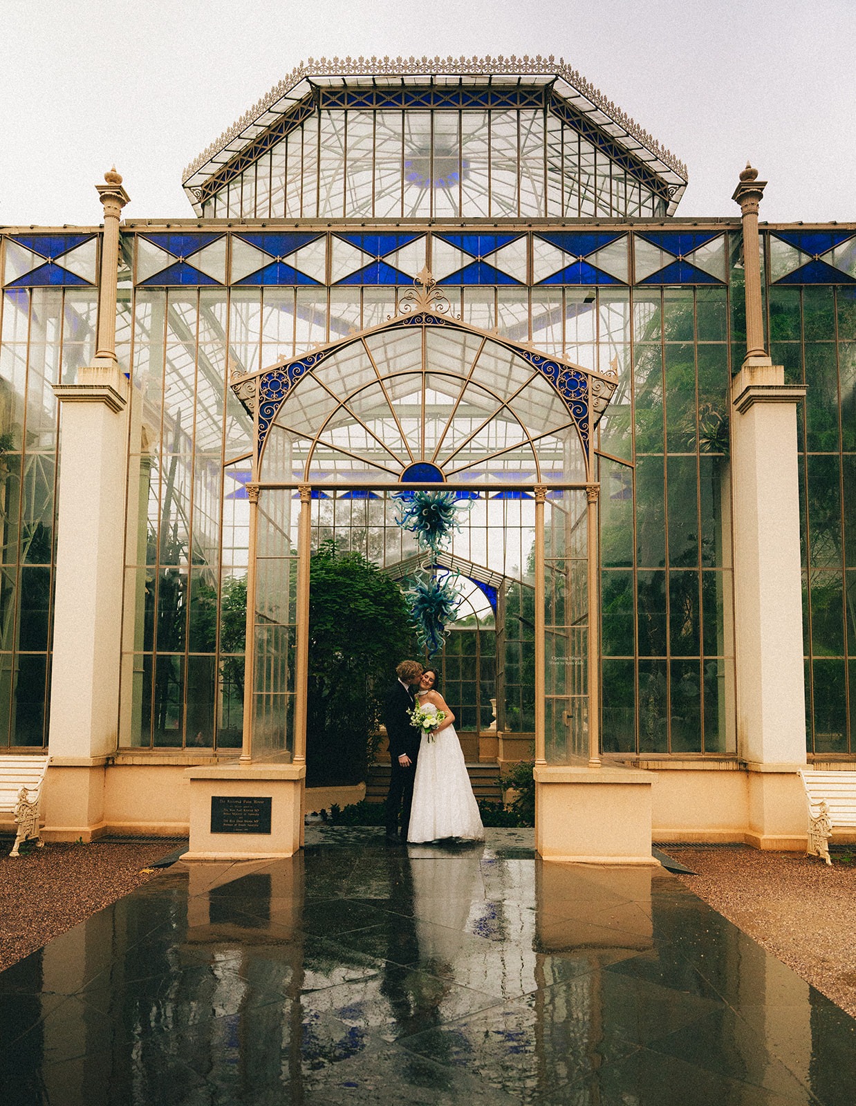 Bride and groom portrait outside the Adelaide Botanic Garden glasshouse