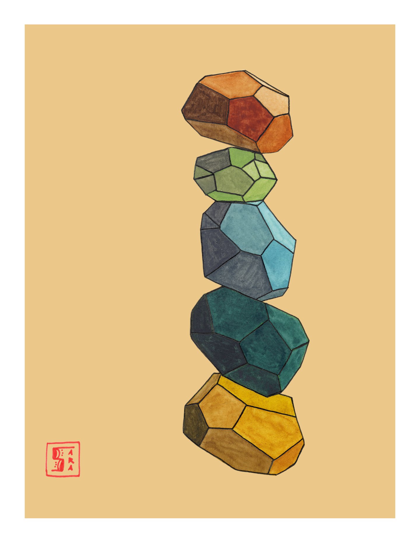Watercolor illustration of stacked geometric cairn stones in vibrant earth tones.