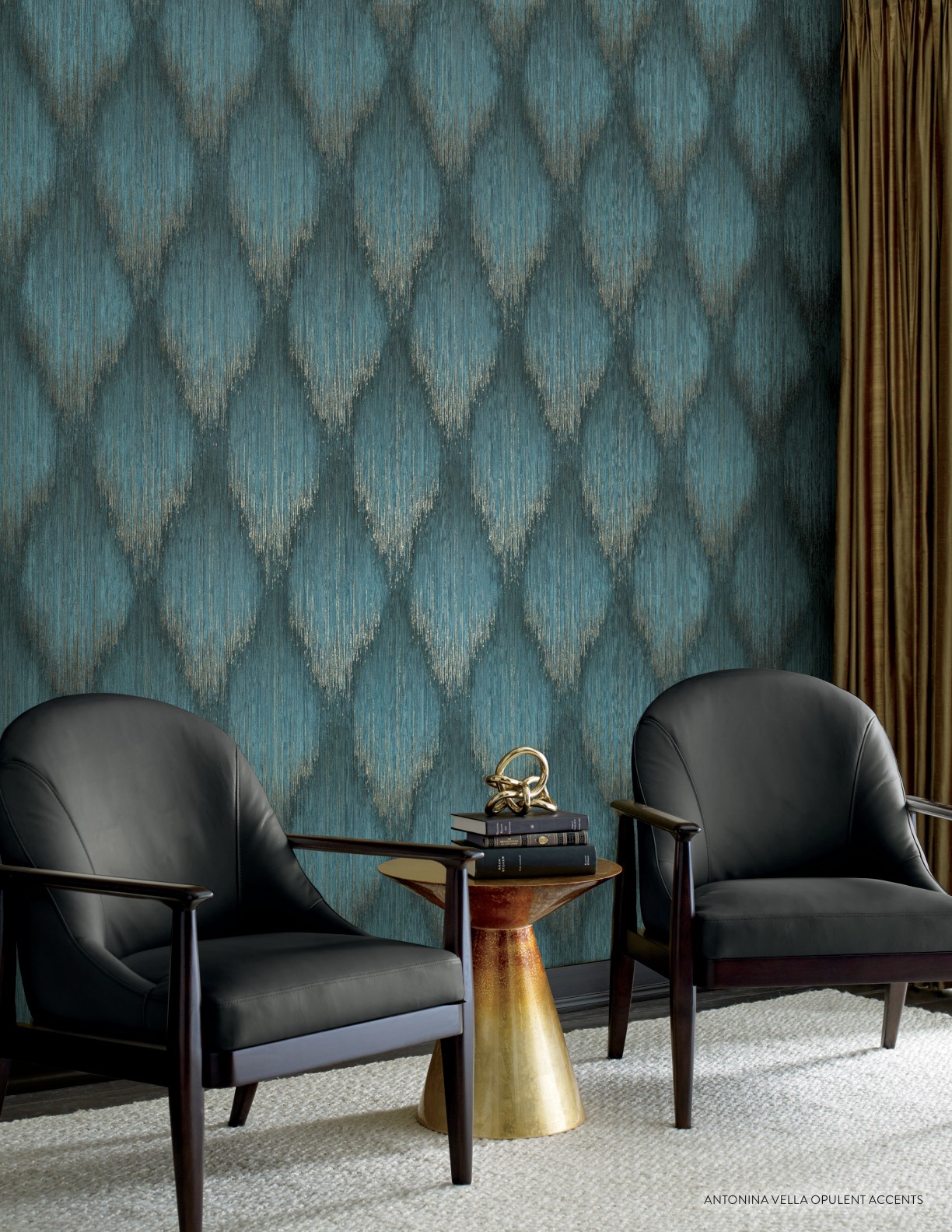 Modern living room featuring blue ikat textured wallpaper and two black leather armchairs.
