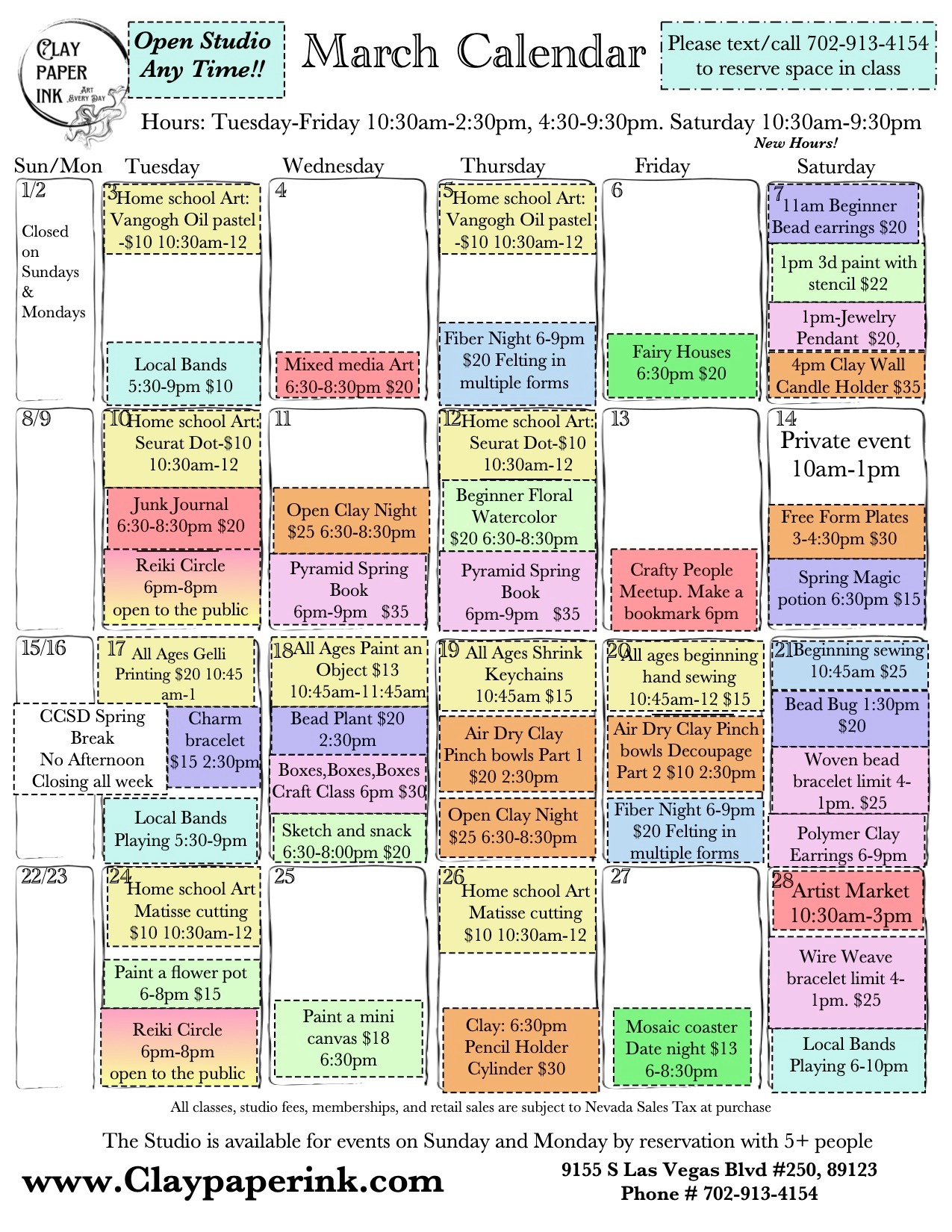 Calendar of art activities available in studio