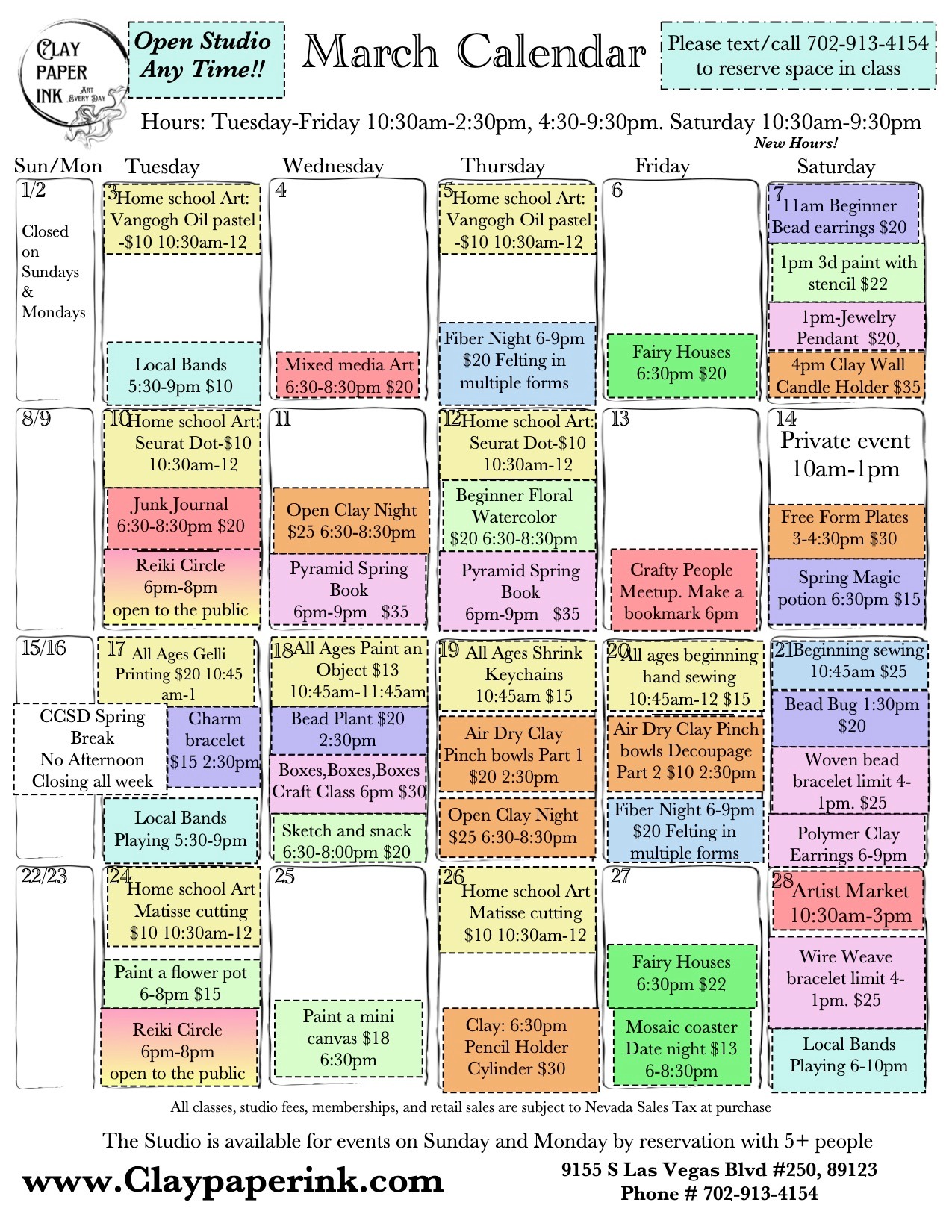 A march calendar that includes classes