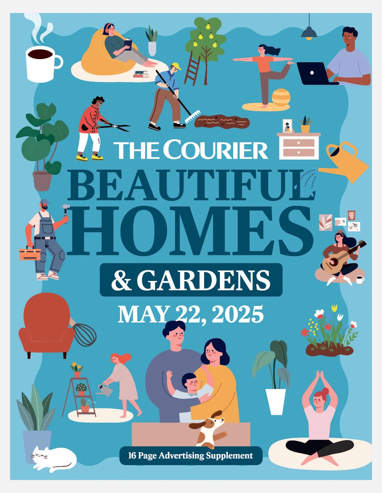 The Courier Beautiful Homes and Gardens magazine cover featuring illustrations of family life, gardening, and DIY.