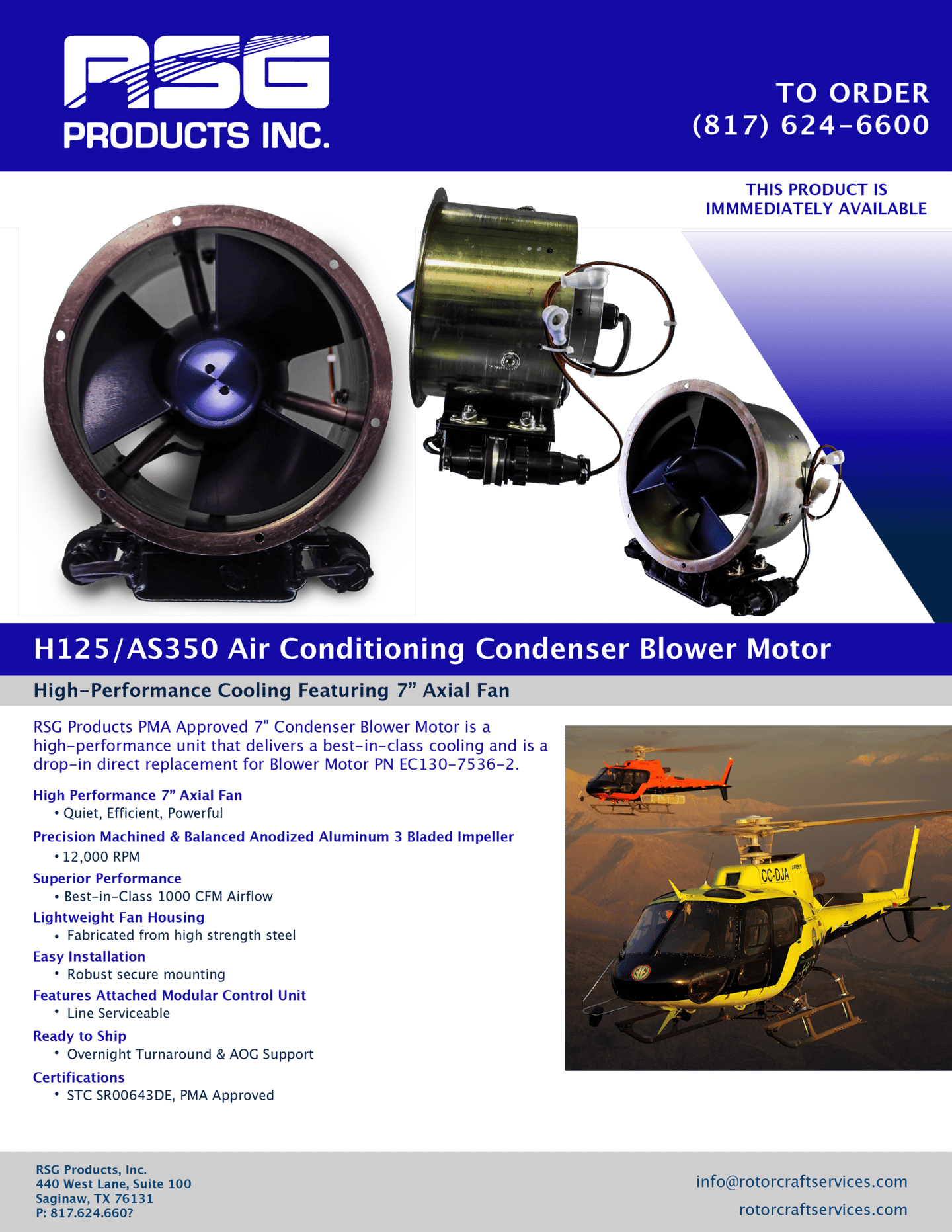 RSG Products H125 AS350 air conditioning condenser blower motor with 7-inch axial fan for helicopters.