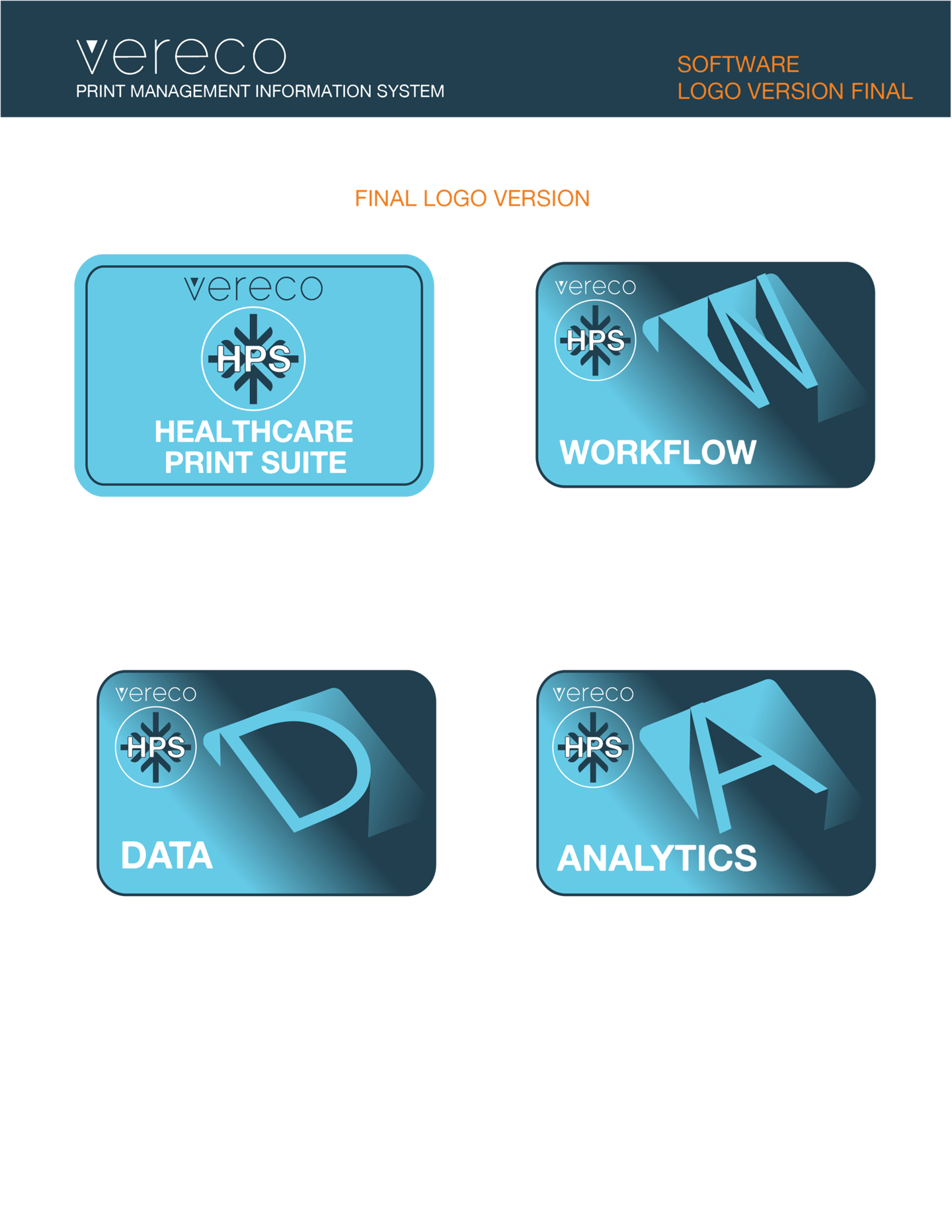 Vereco Healthcare Print Suite software logo versions for Workflow, Data, and Analytics modules.