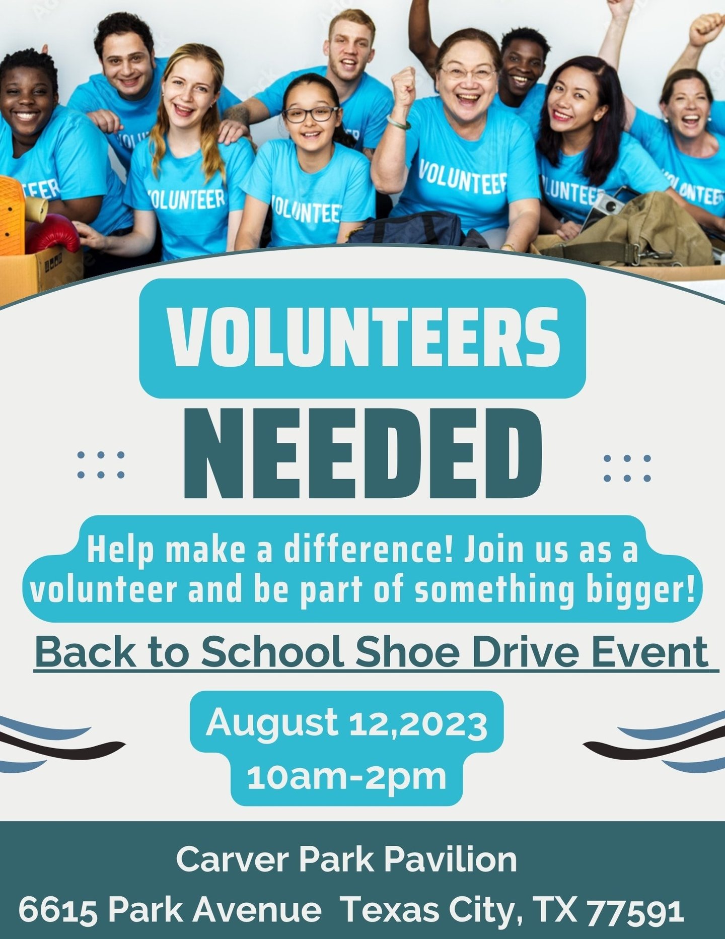 a group of people in blue shirts and blue jeans are posing for a volunteer
