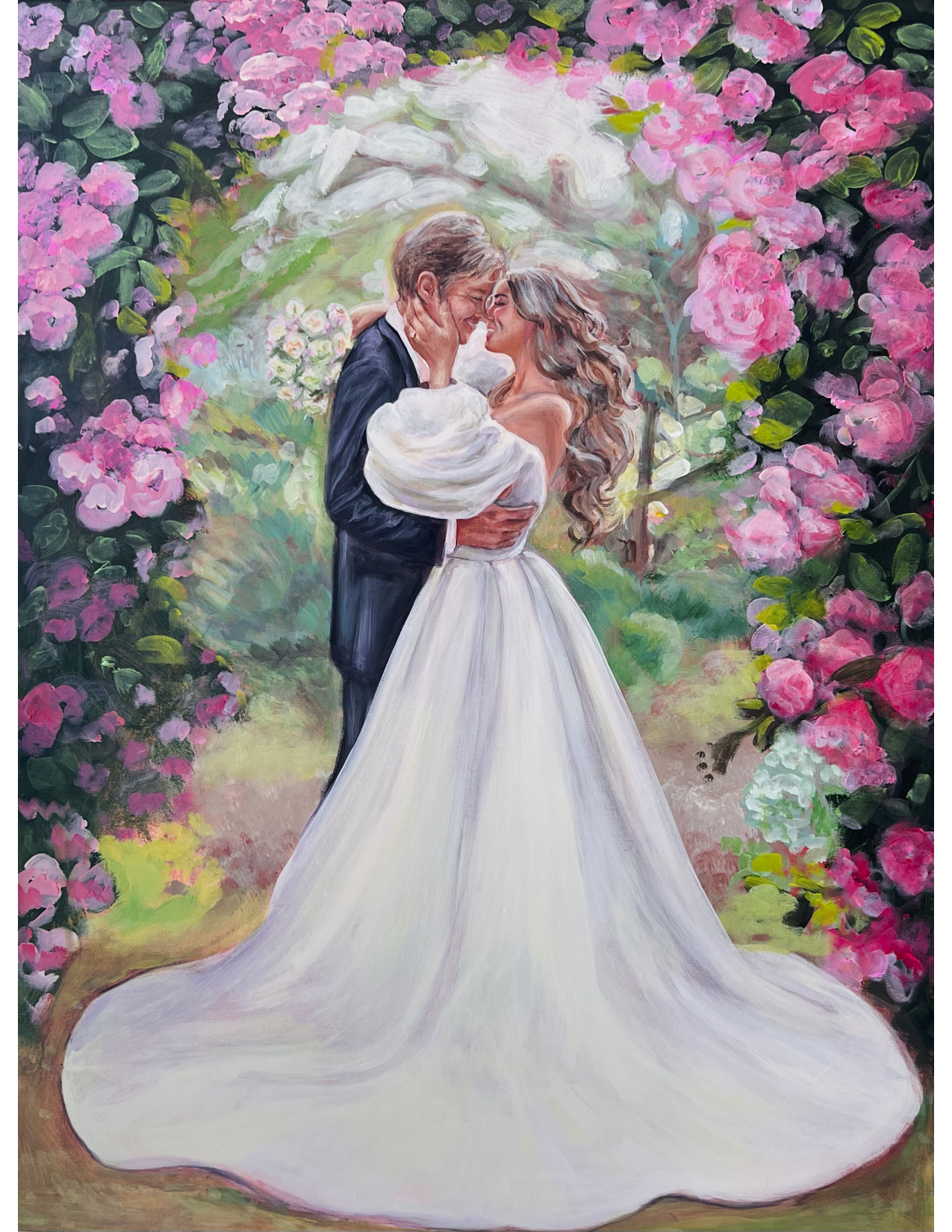 Live Wedding Painting, Couple looking tenderly at each other on their wedding day just before kiss