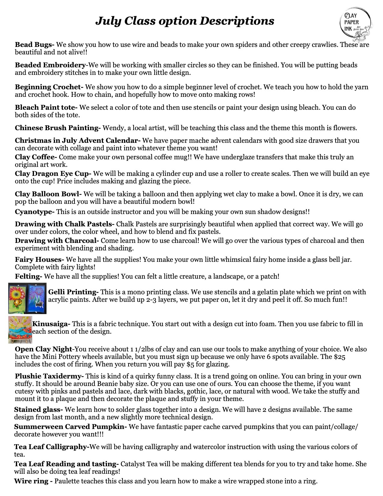 a list of classes offered in July with a description of the class