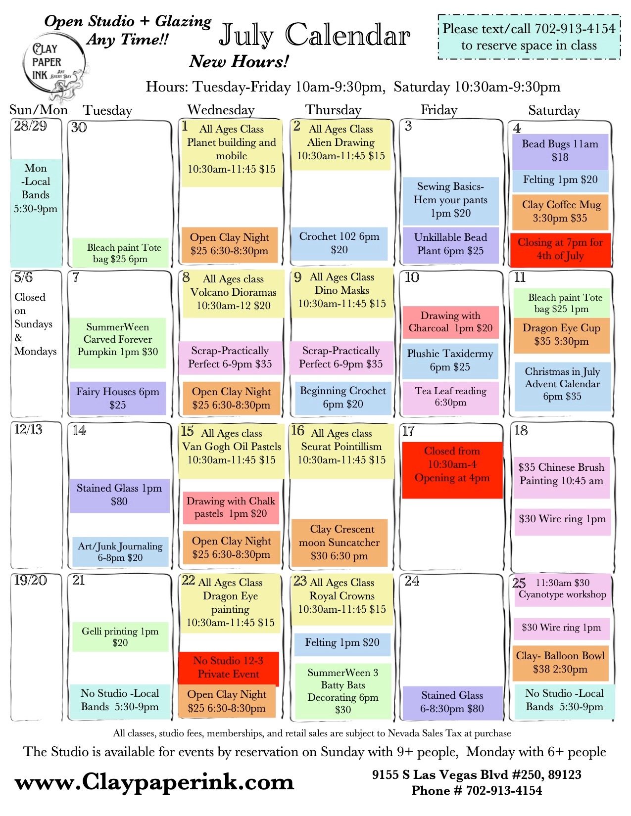 July calendar of classes
