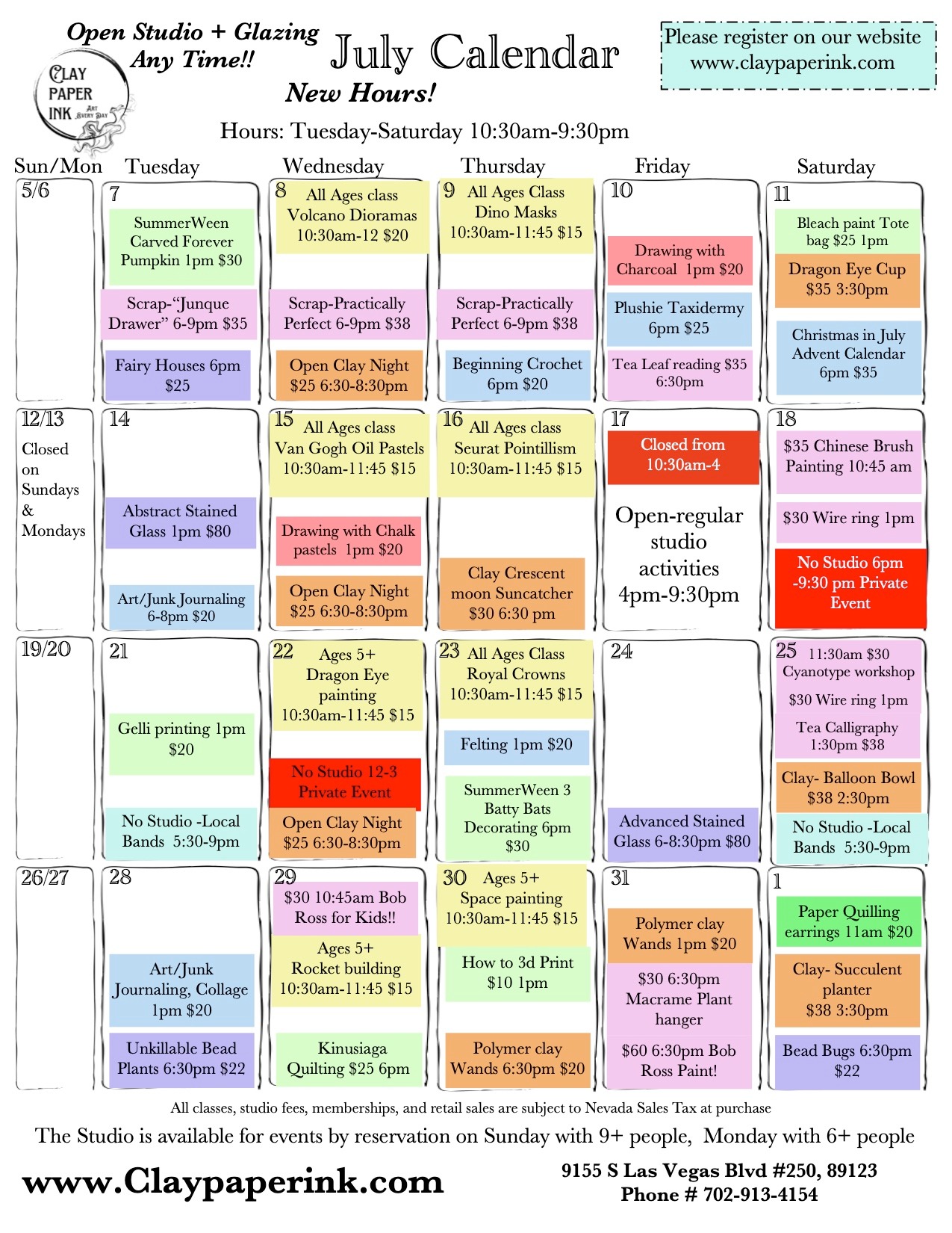 July calendar of art and craft classes