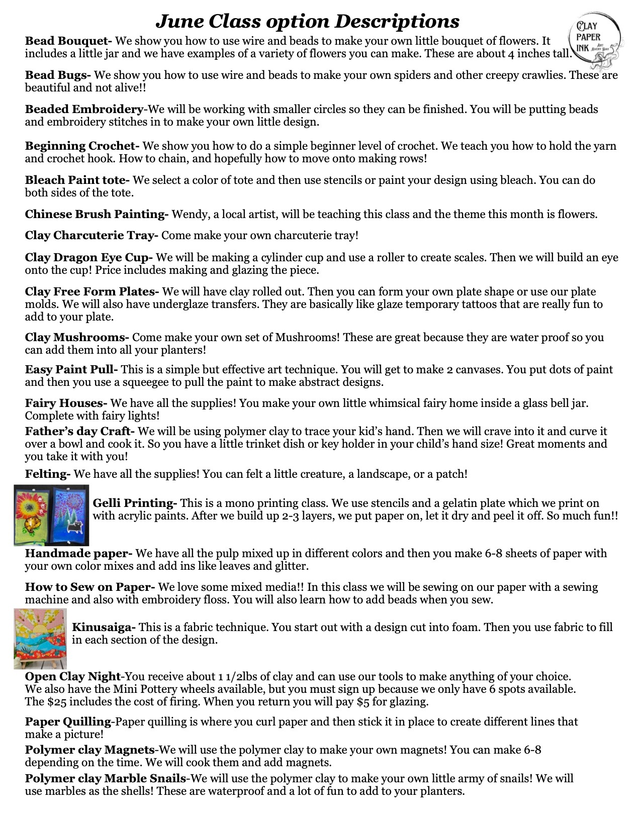 an explanation of all the classes offered this month