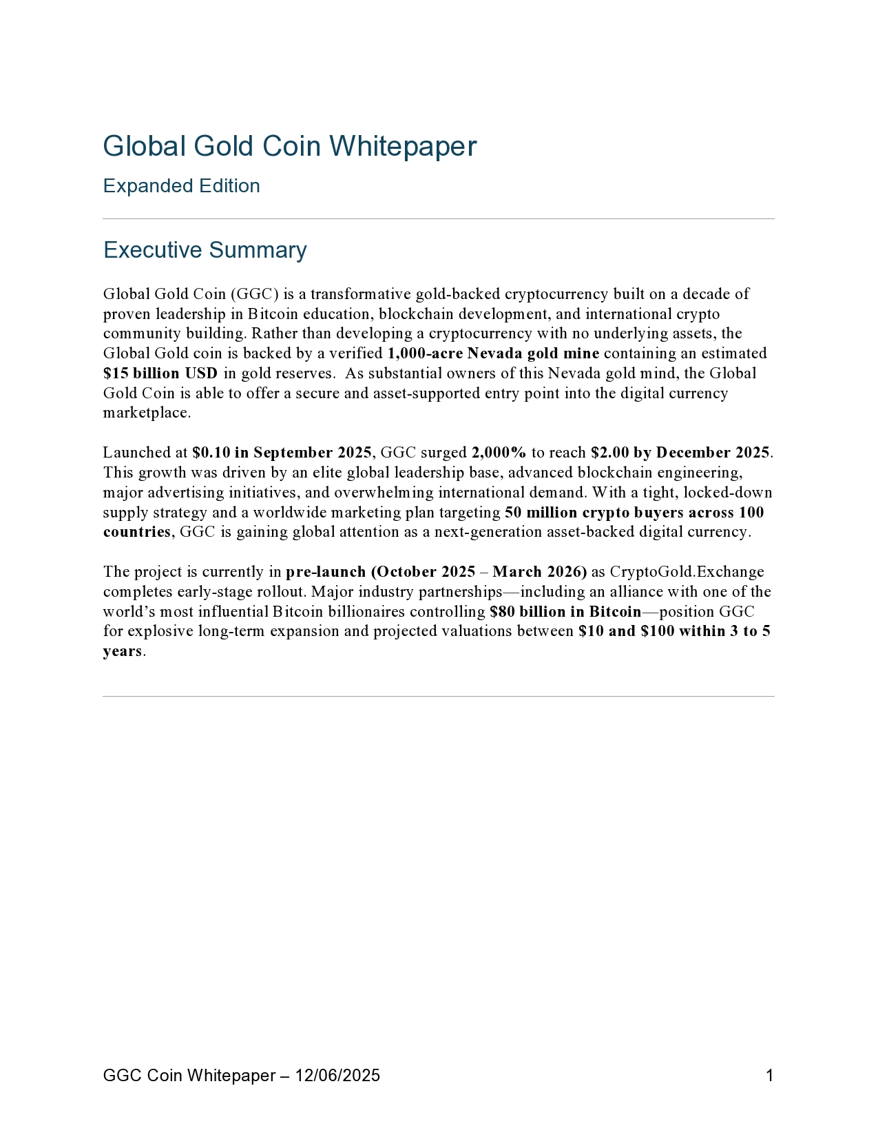 Global Gold Coin Whitepages executive summary