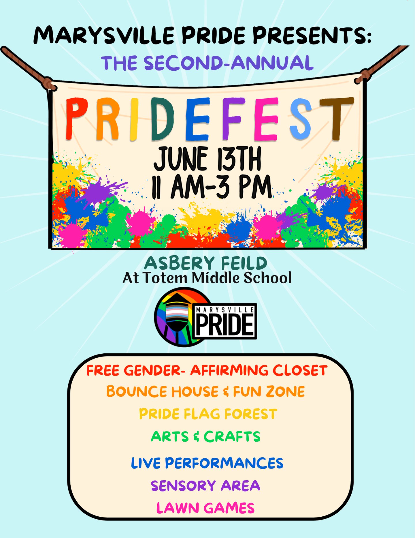 Poster for the second annual Marysville Pridefest at Asbery Field, featuring a free gender-affirming closet.