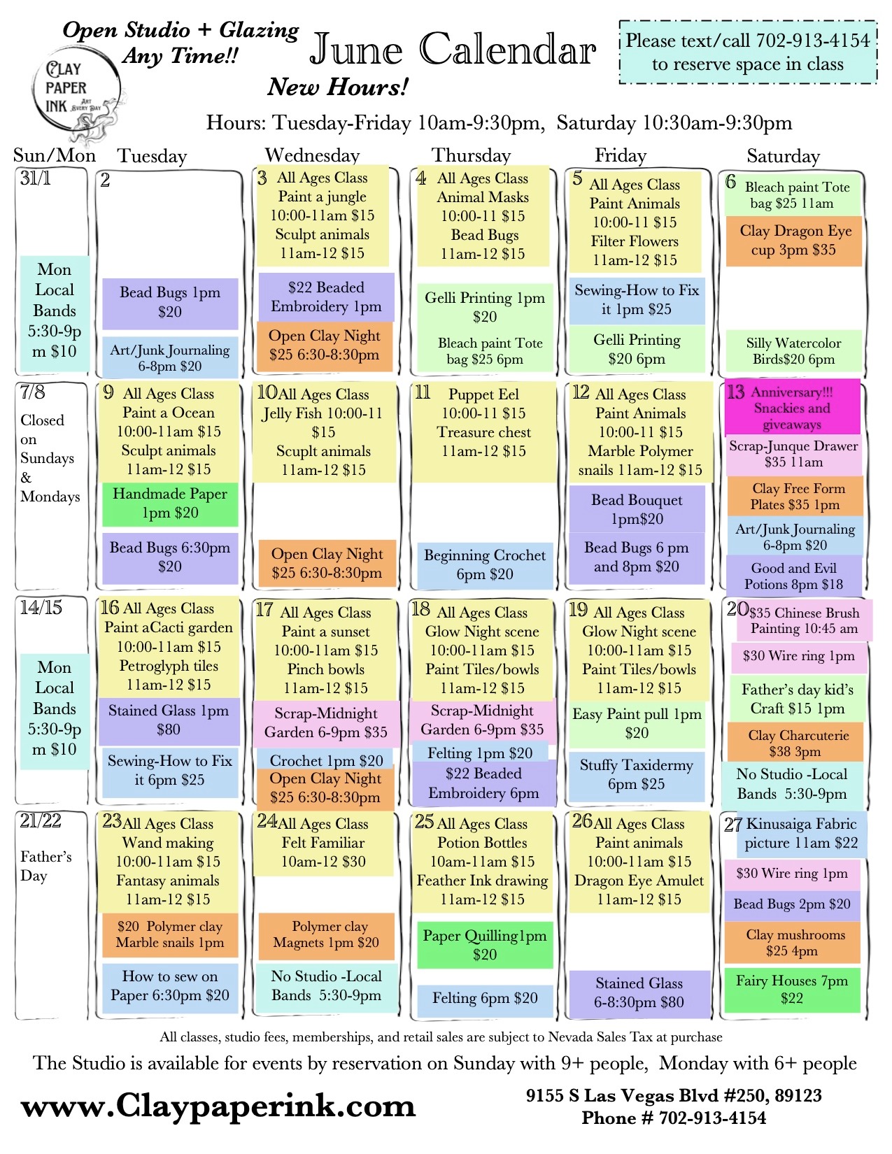 June calendar of classes