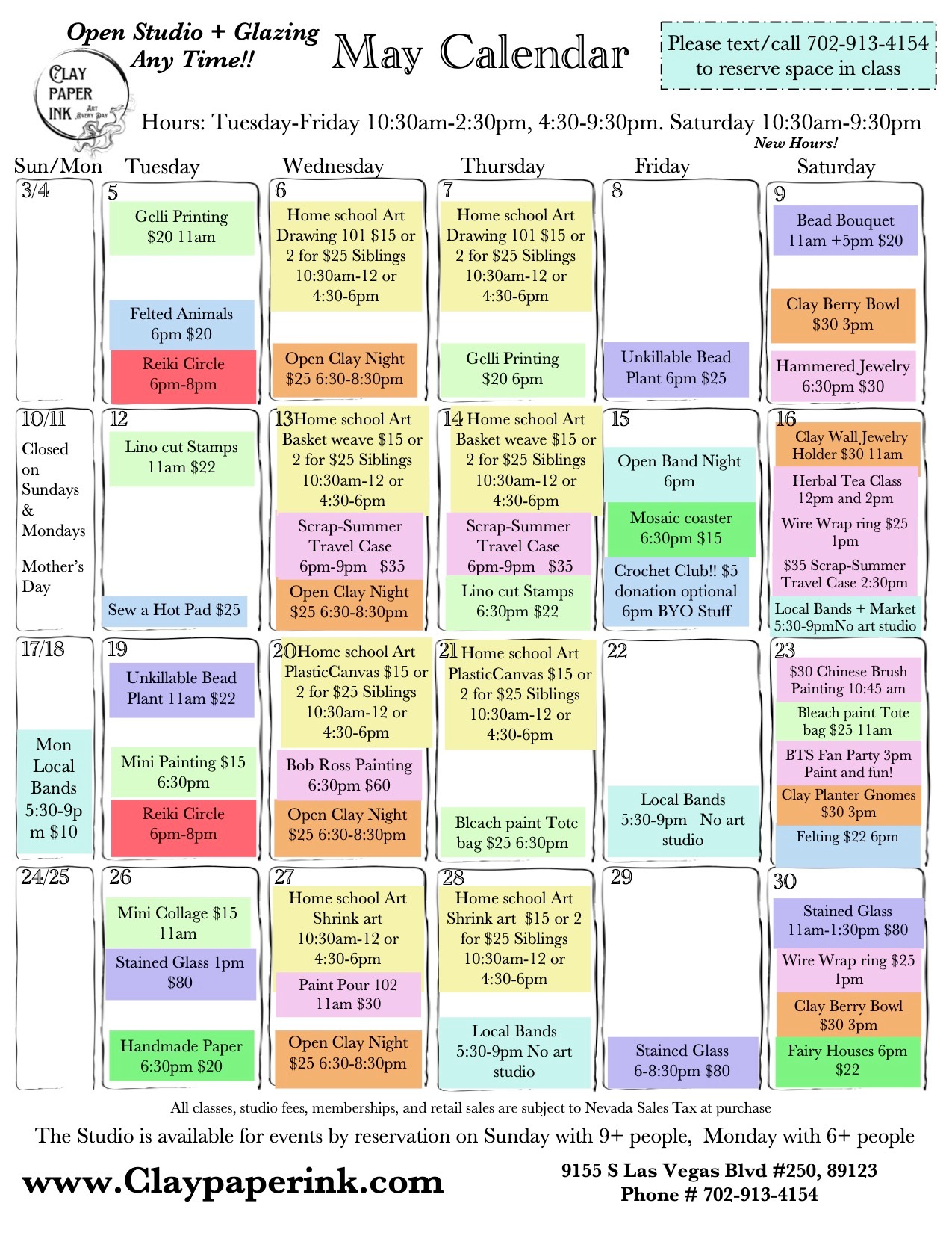 May calendar of art classes