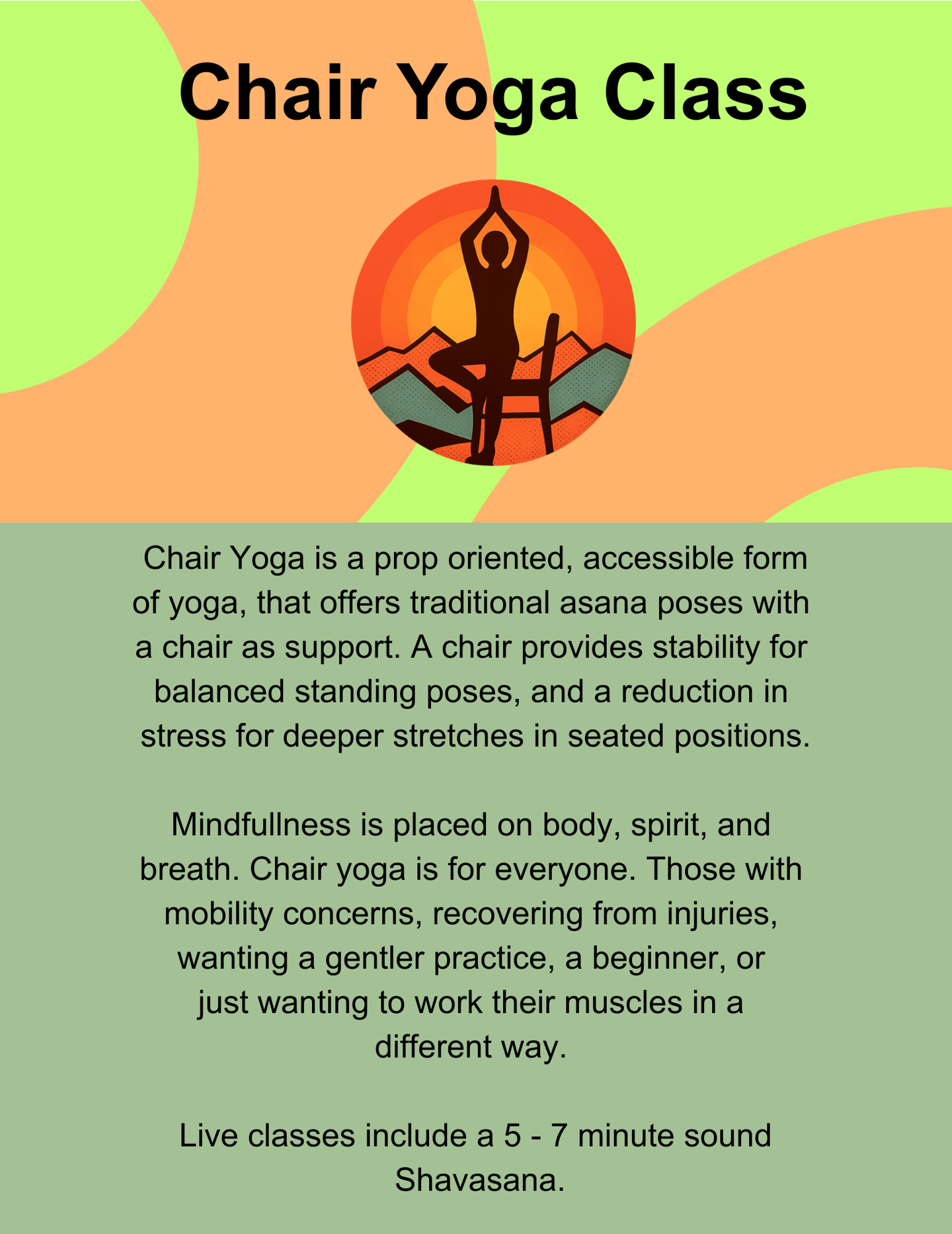 Chair yoga class featuring an silhouette of a yoga pose and descriptive text on benefits.