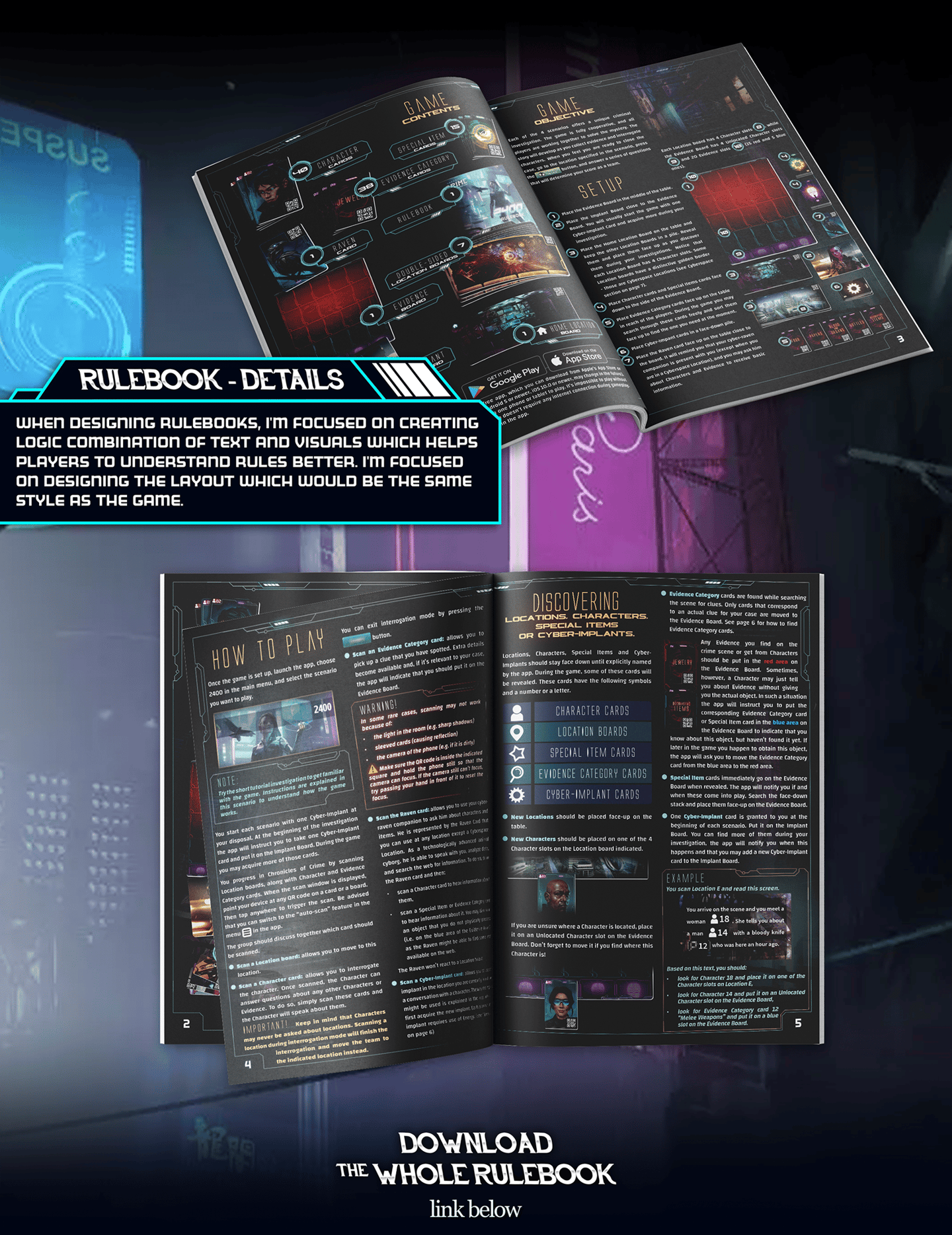 Details of rulebook DTP and graphic design I did for the game.